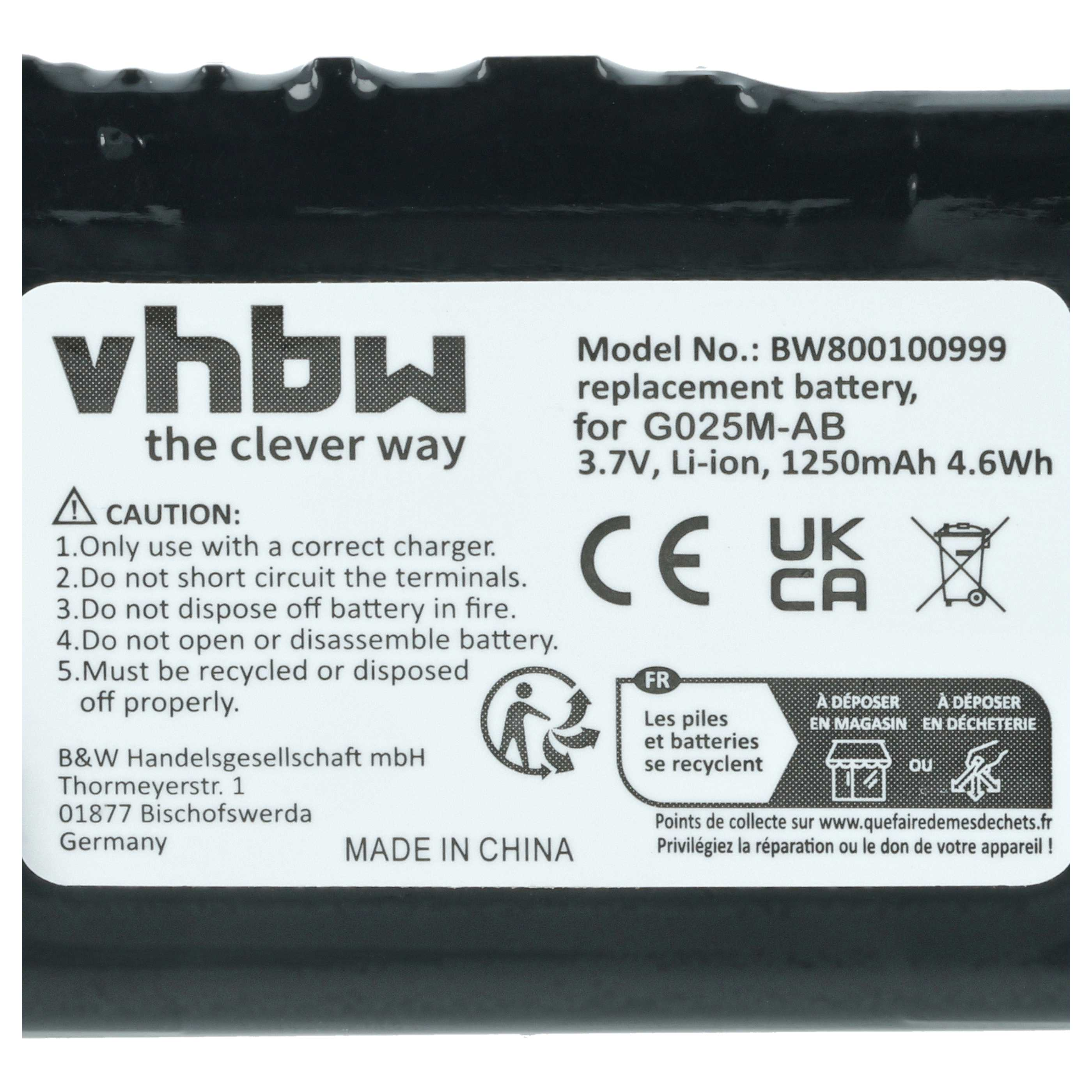 Ein weißes Etikett mit schwarzem Text und einem Batteriesymbol. Textdetails zu Batteriespezifikationen und Warnhinweisen.