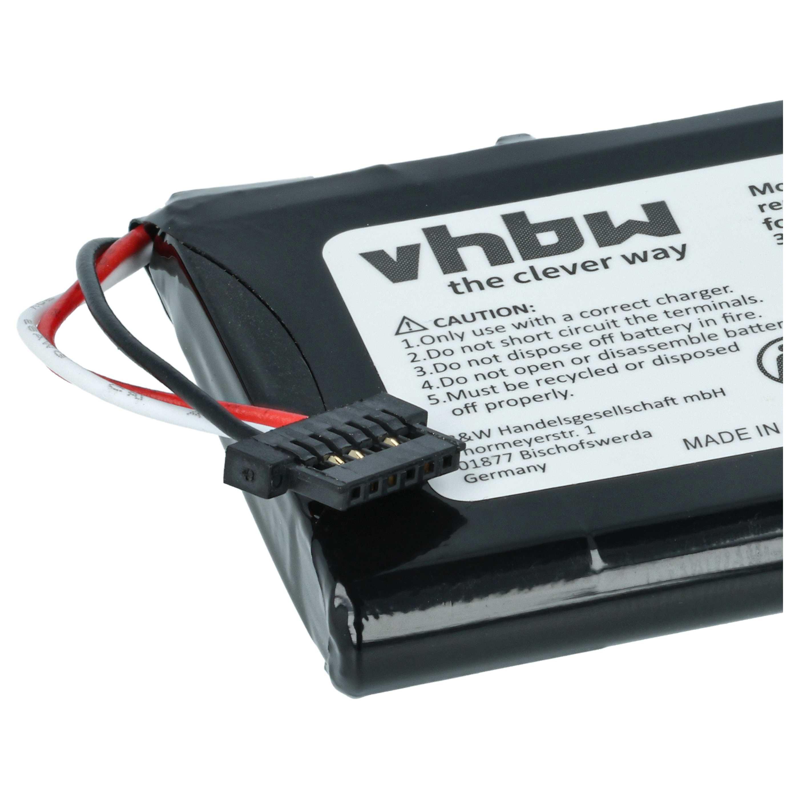 Ein schwarzer Akku mit Stecker und Drähten. Er hat ein weißes Etikett mit dem Text 'vhbw the clever way'.