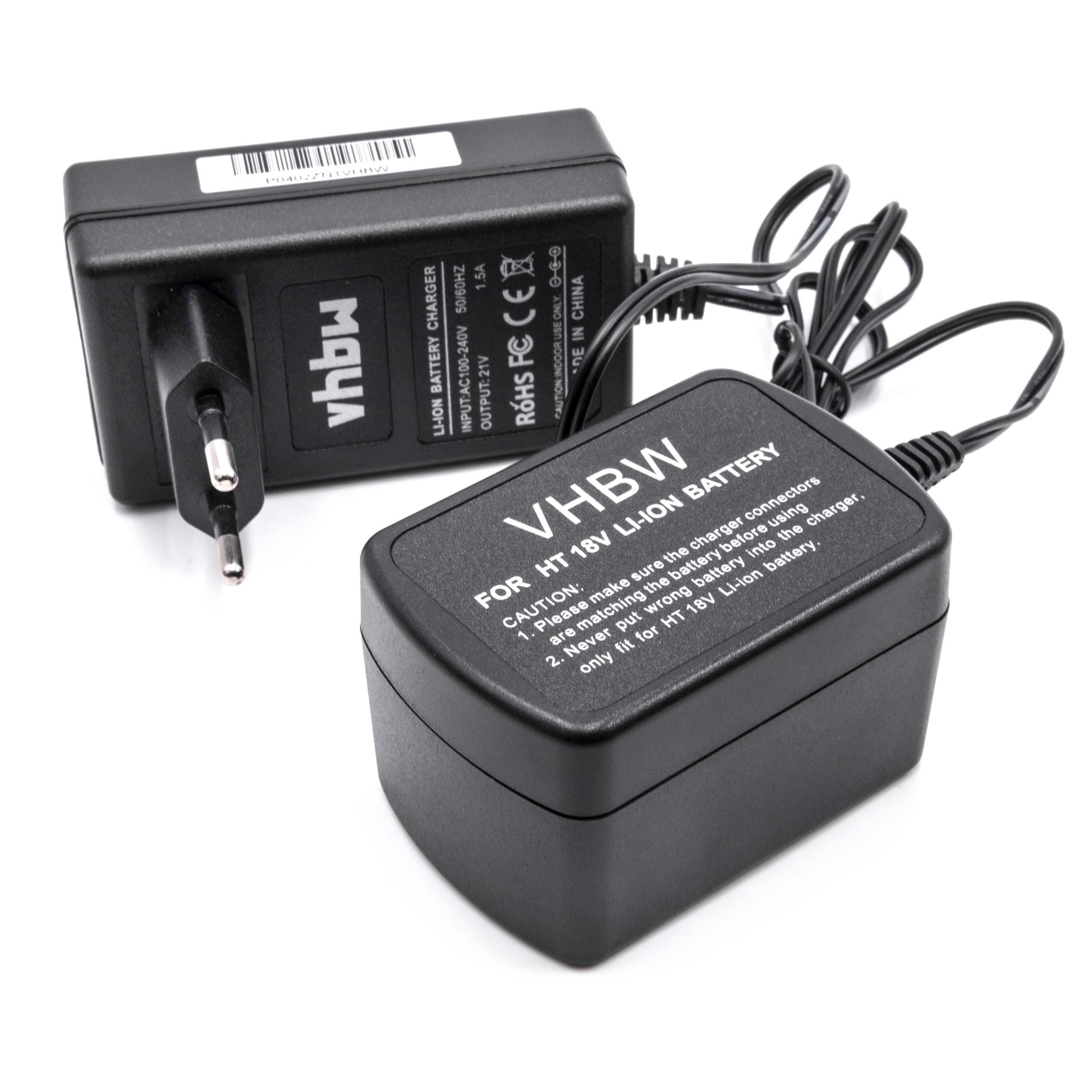 Zwei schwarze VHBW-Akkuladegeräte auf weißem Untergrund. Eines hat einen Stecker, das andere ein Kabel.