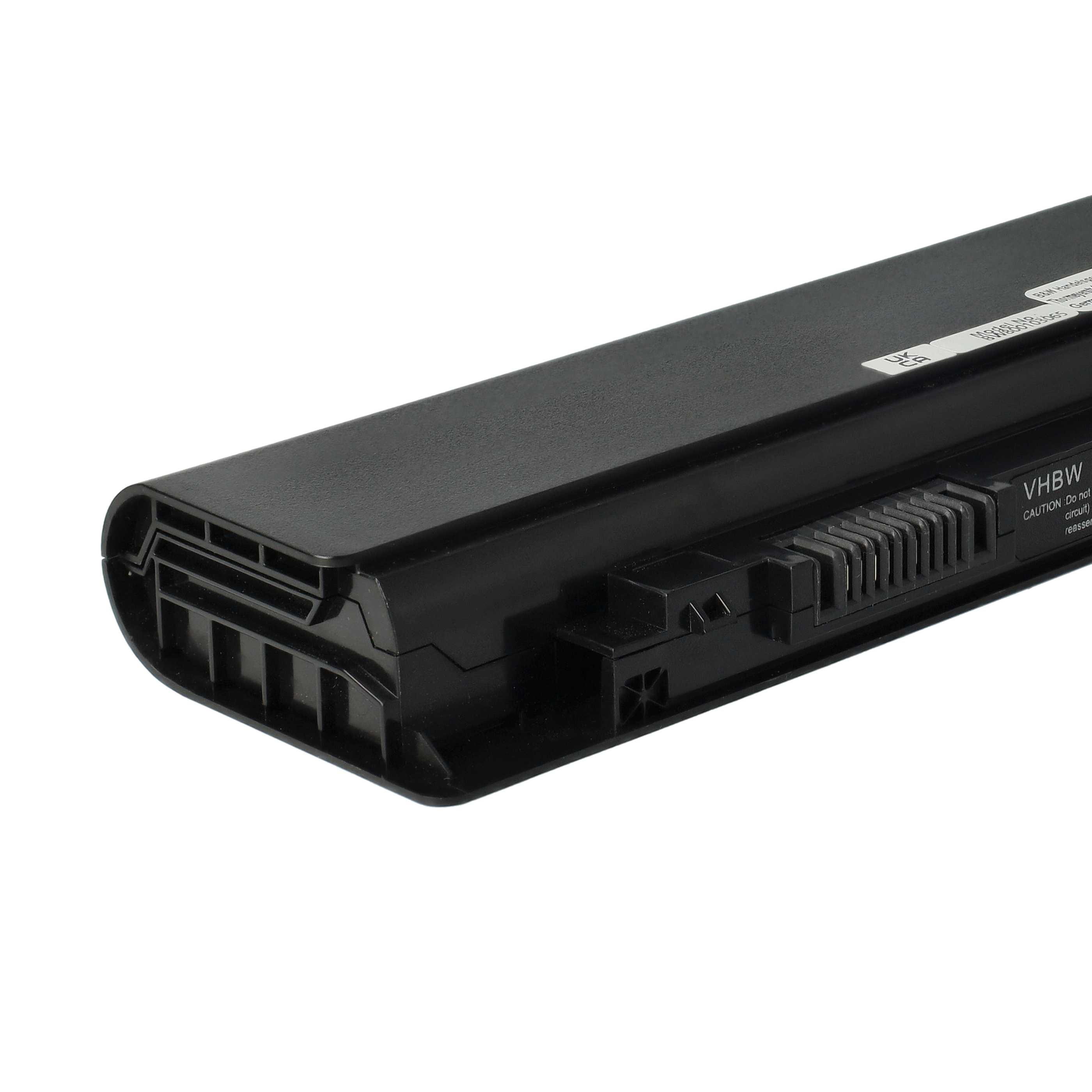 Schwarzer Laptop-Akku. Er hat einen Stecker, ein Etikett und eine Warnmeldung. Der Hintergrund ist weiß.