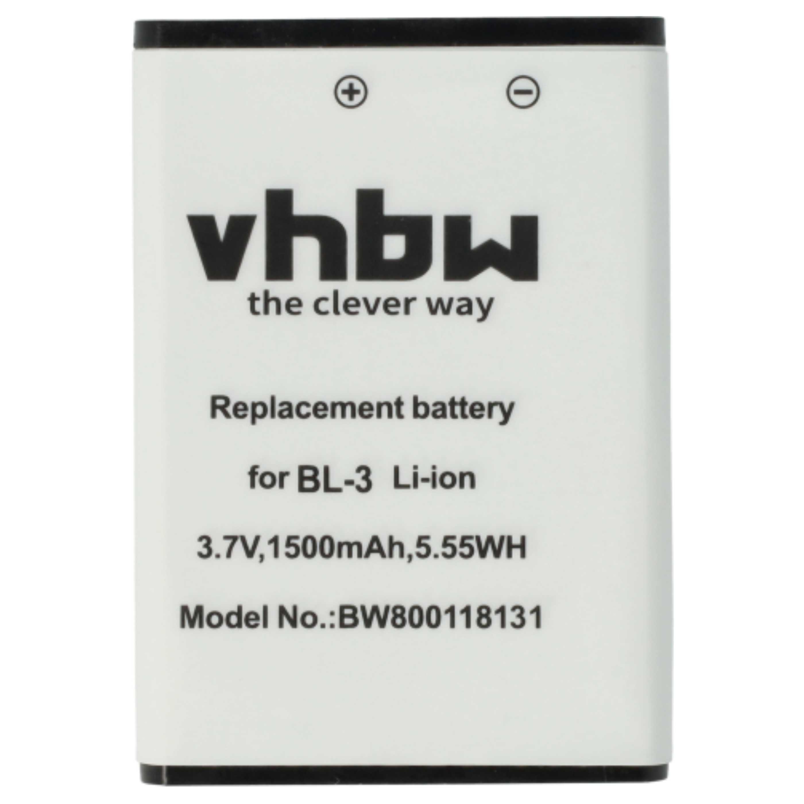 Ein weißer Akku mit schwarzem Text und schwarzer Oberseite. Er hat den Markennamen vhbw und Produktspezifikationen.