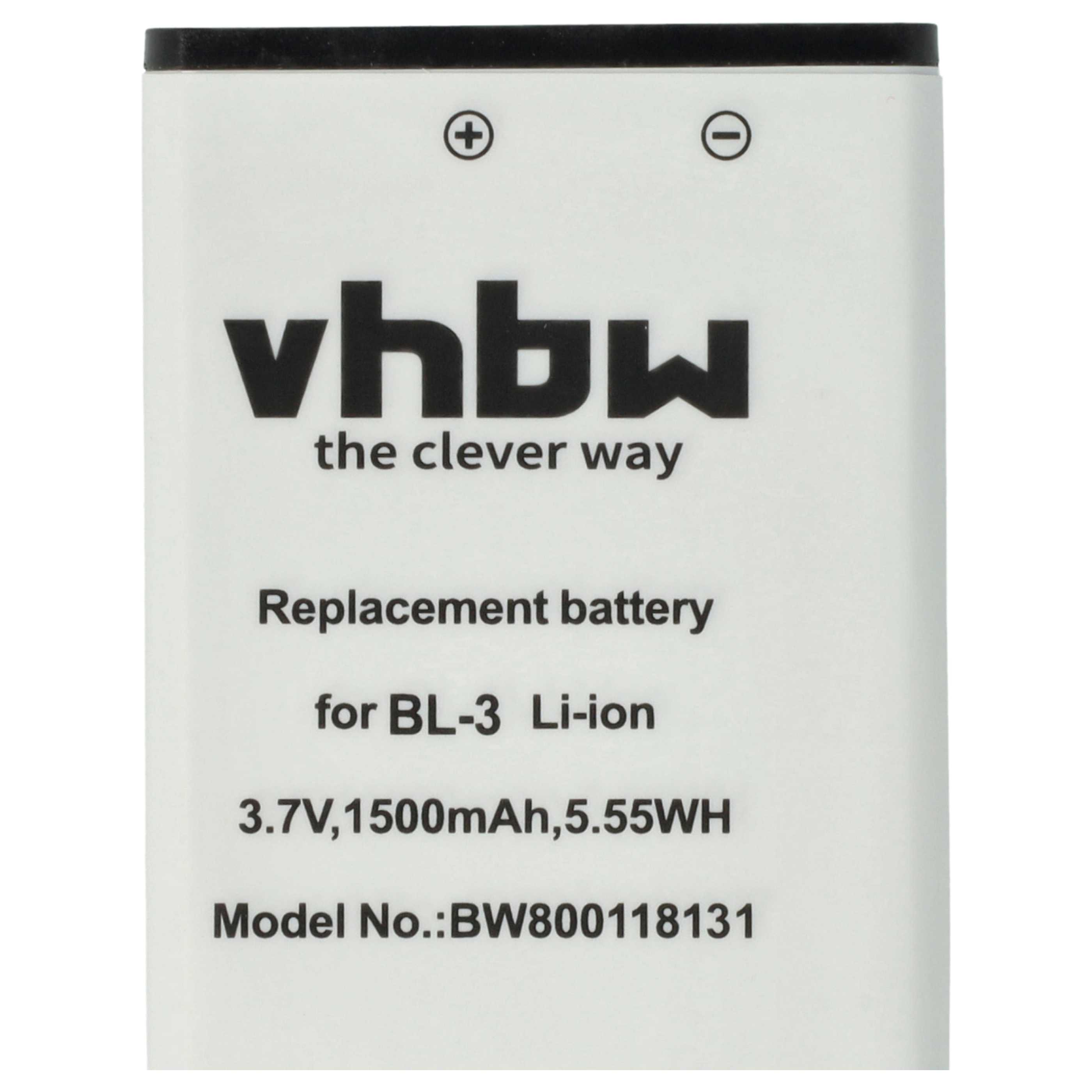 Ein weißer Akku mit schwarzem Text. Es steht 'vhbw', 'Ersatzbatterie', '3,7V,1500mAh,5,55WH' und 'Modell-Nr.:BW800118131'.