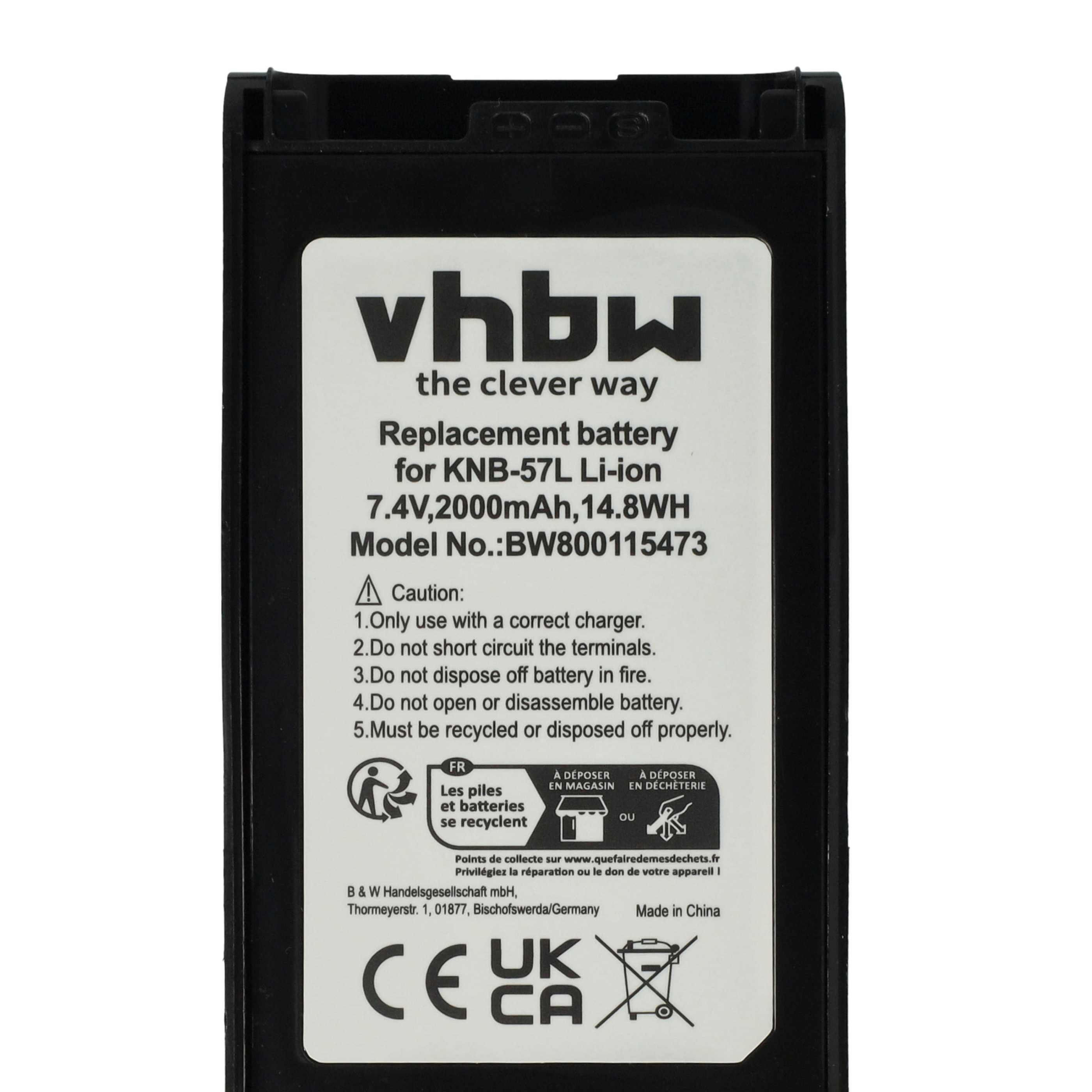 Schwarzer Akku mit weißem Etikett. Text enthält 'vhbw', 'Replacement battery' und Recycling-Symbole.