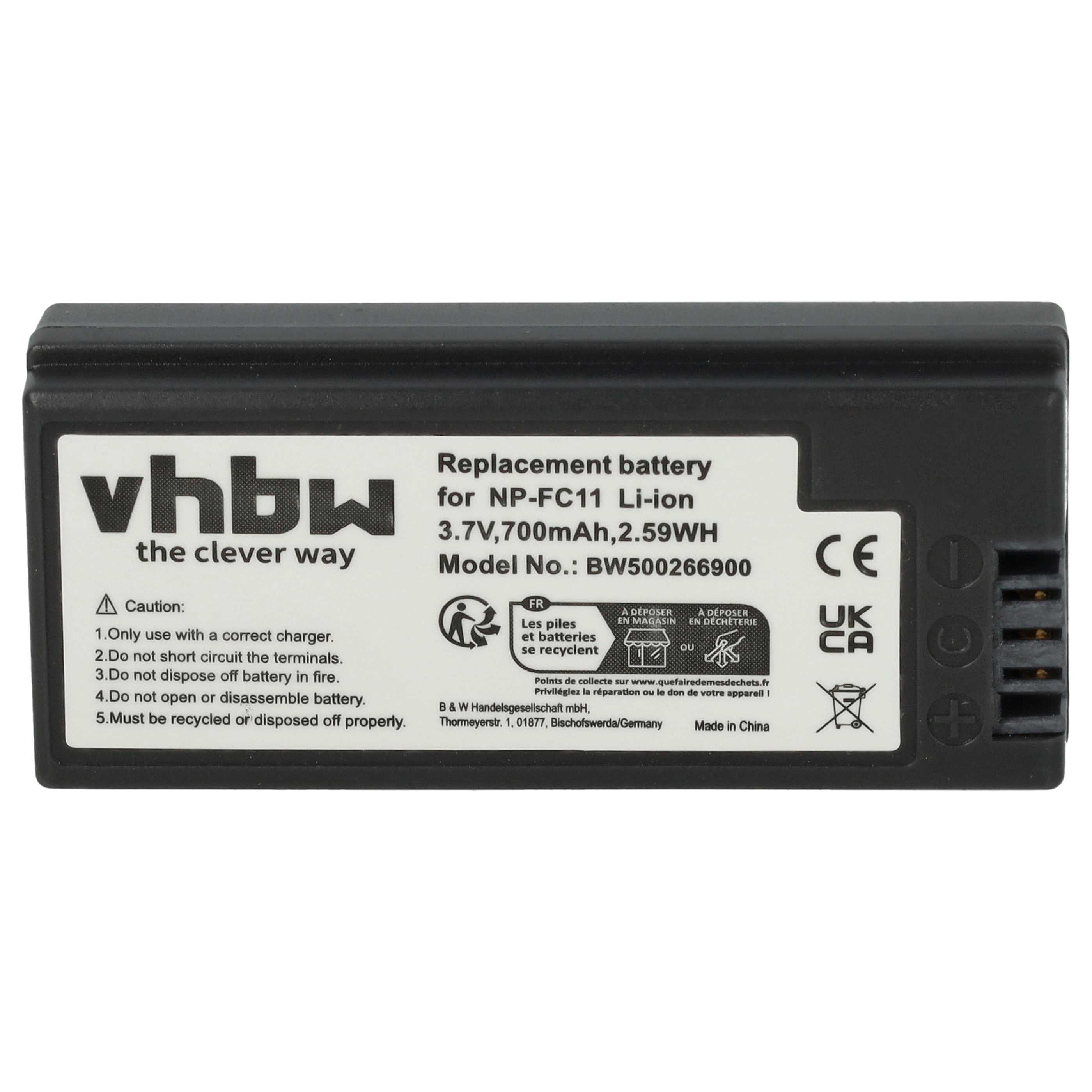 Schwarzer vhbw-Ersatzakku für NP-FC11 Li-ion. Mit Warnhinweis und Recycling-Symbolen.