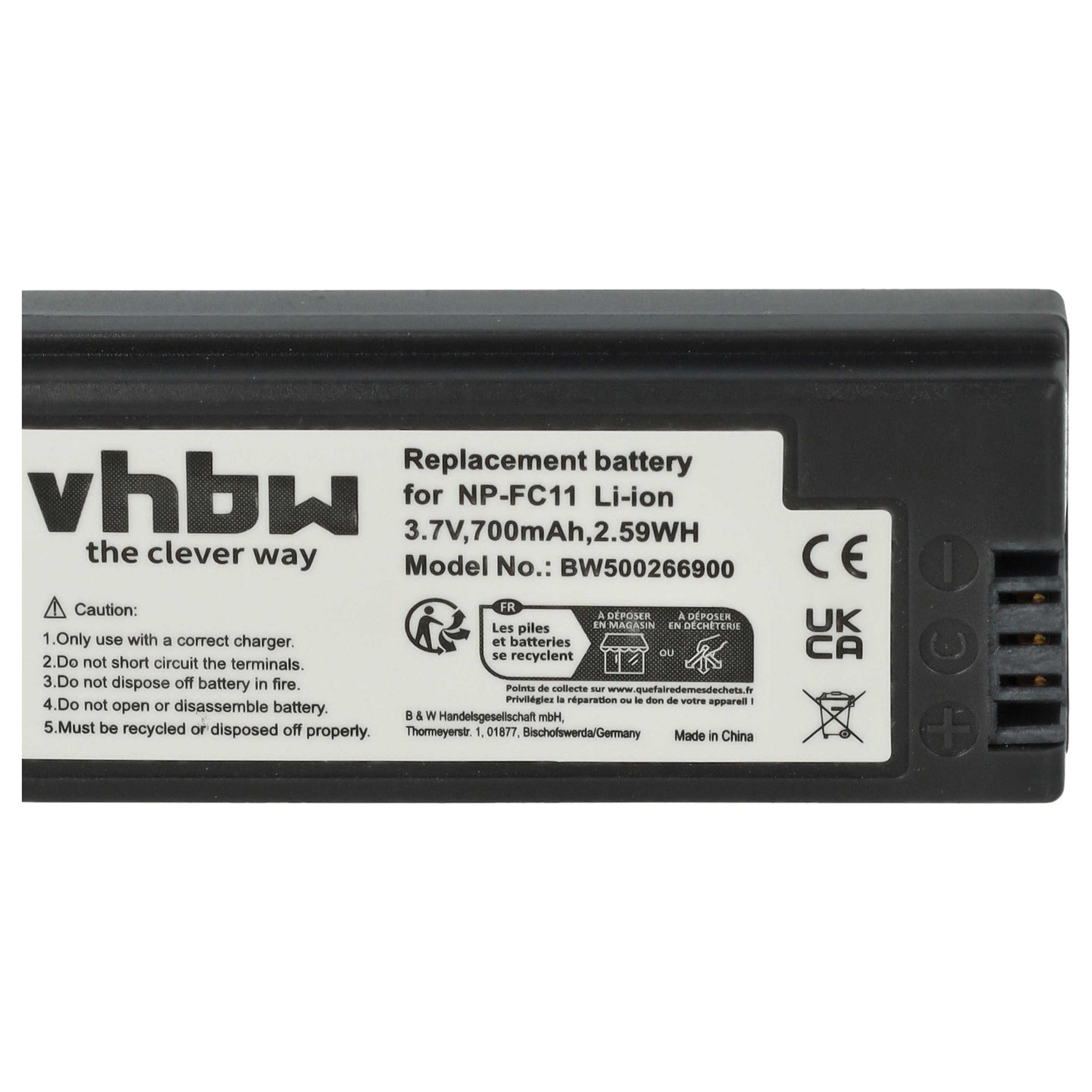 Eine schwarze vhbw Ersatzbatterie für NP-FC11. Es gibt Warnhinweise und Recycling-Symbole. Die Batterie ist schwarz mit weißer Schrift.