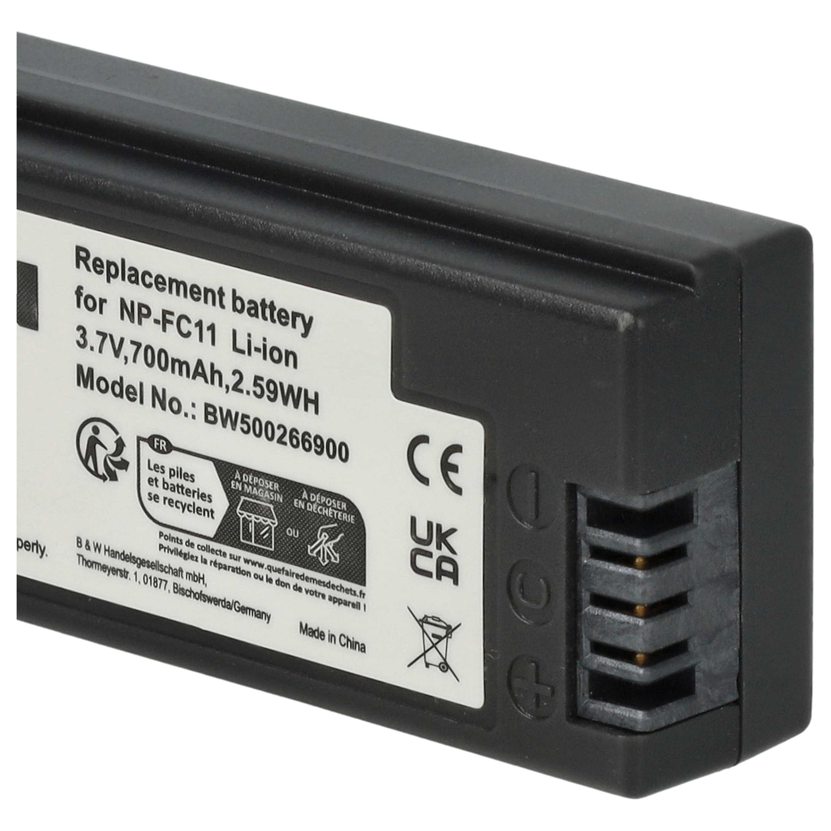 Ein schwarzer Akku mit weißem Etikett. Text enthält 'Ersatzbatterie', Modell, Spannung und Recycling-Symbole. Hergestellt in China.