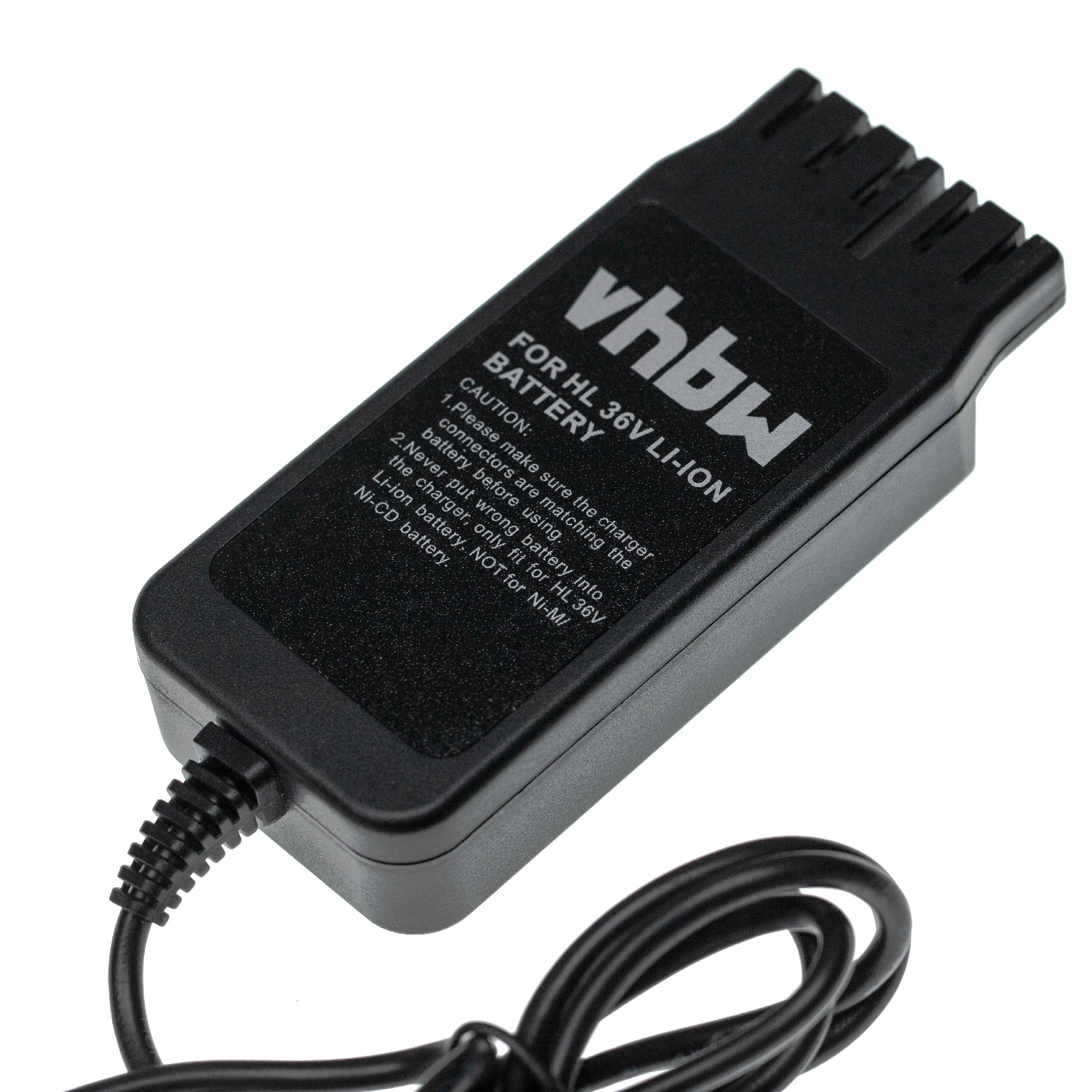 Schwarzes Ladegerät mit Kabel. Es hat weißen Text, darunter 'vhbw' und 'FOR HL 36V LI-ION BATTERY'.