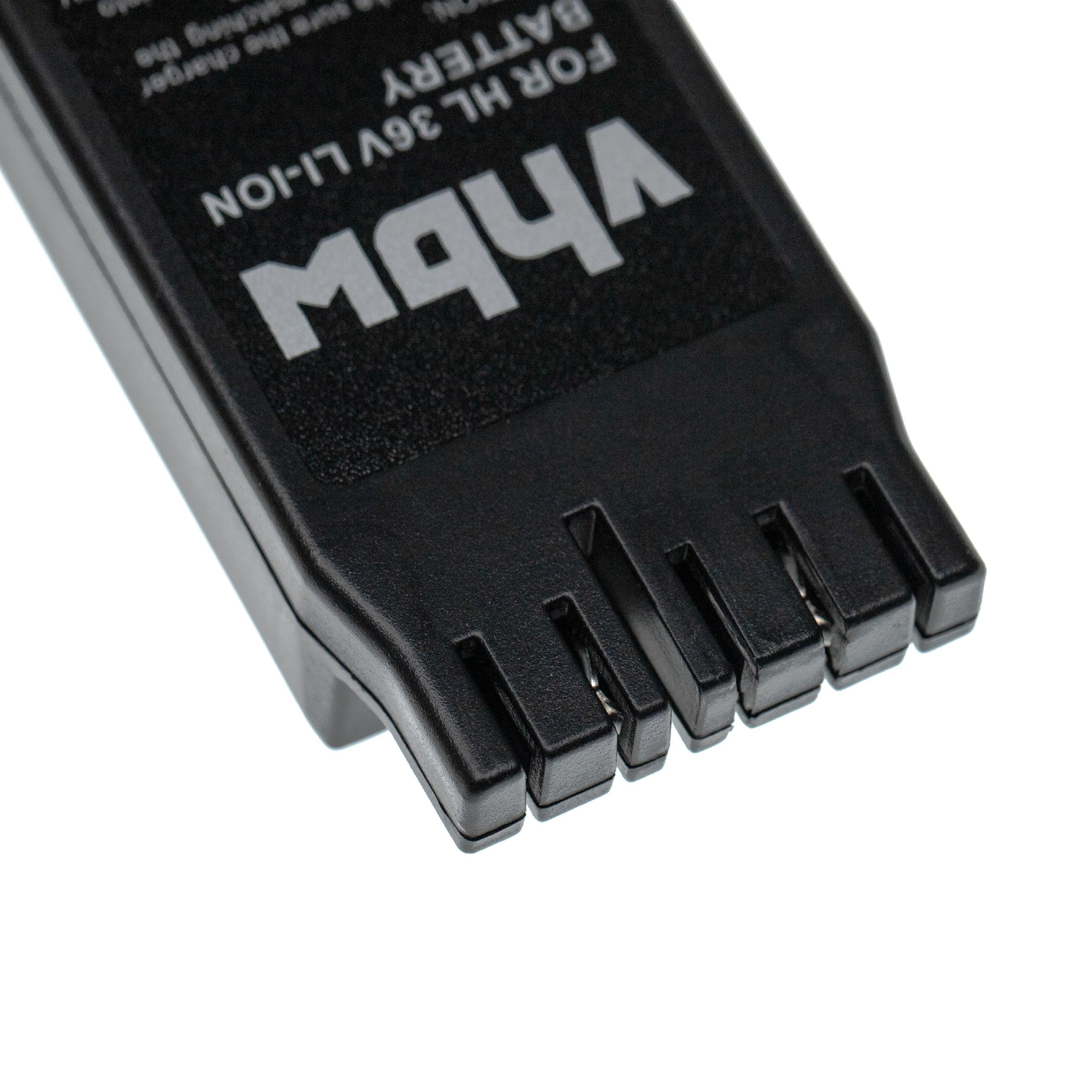 Ein schwarzes Akkupack mit dem Markennamen Vhbw und dem Text 'FOR HL 36V LI-ION' auf weißem Hintergrund.