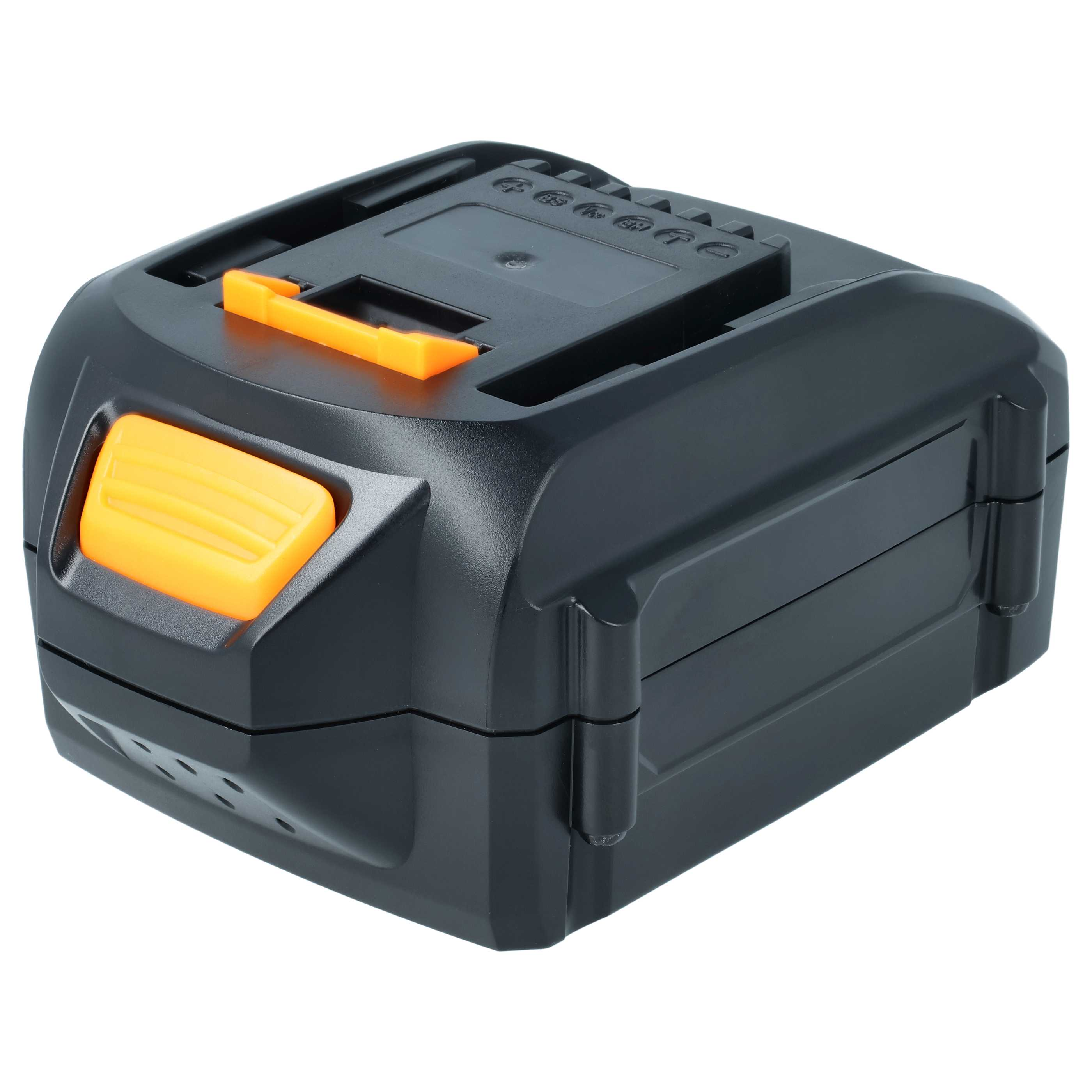 Ein schwarzer Elektrowerkzeug-Akku mit orangefarbenen Entriegelungstasten. Er ist rechteckig und hat einen weißen Hintergrund.