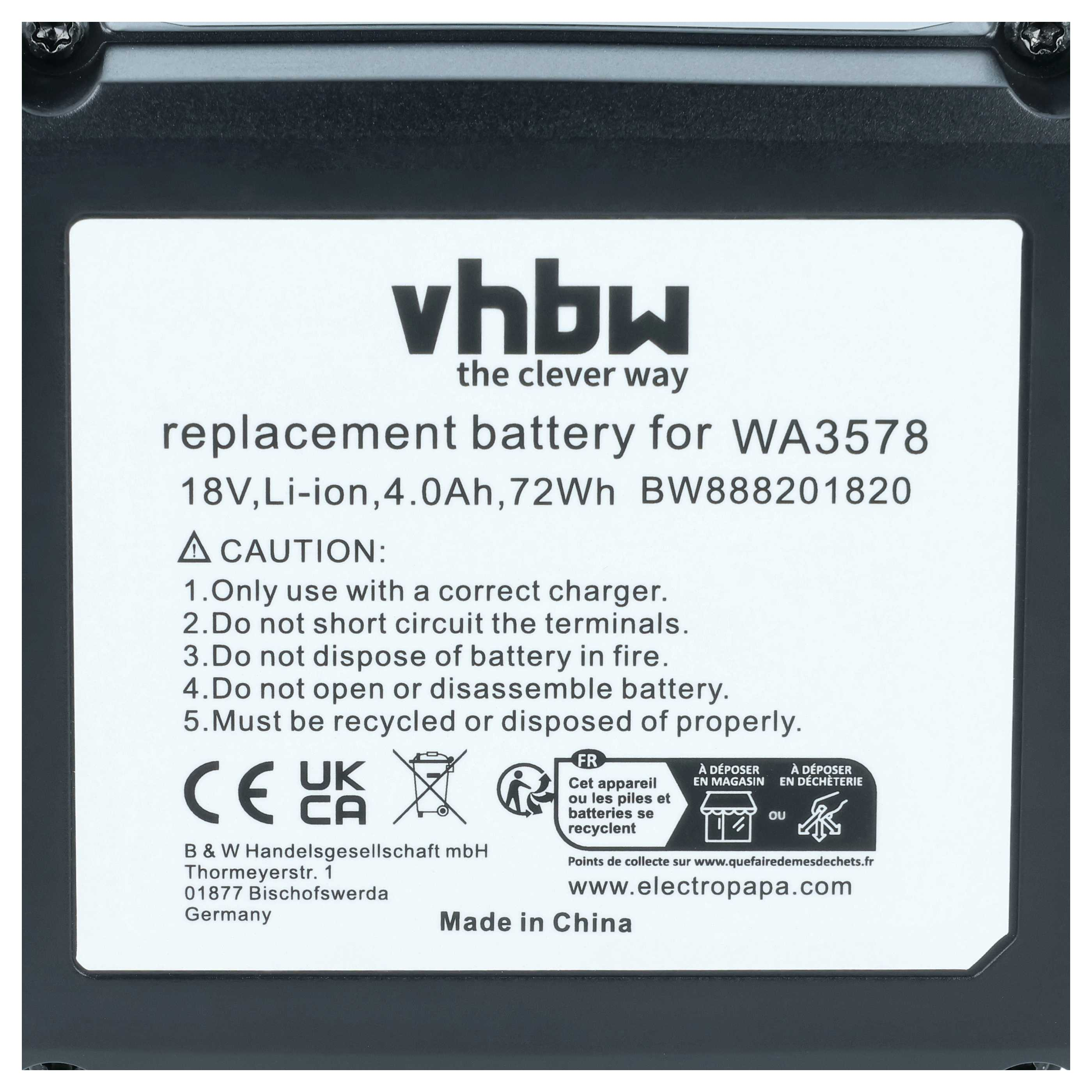 Ein Batterielabel mit Text: 'vhbw', 'Ersatzbatterie', Spezifikationen, Warnungen und Recycling-Symbolen.