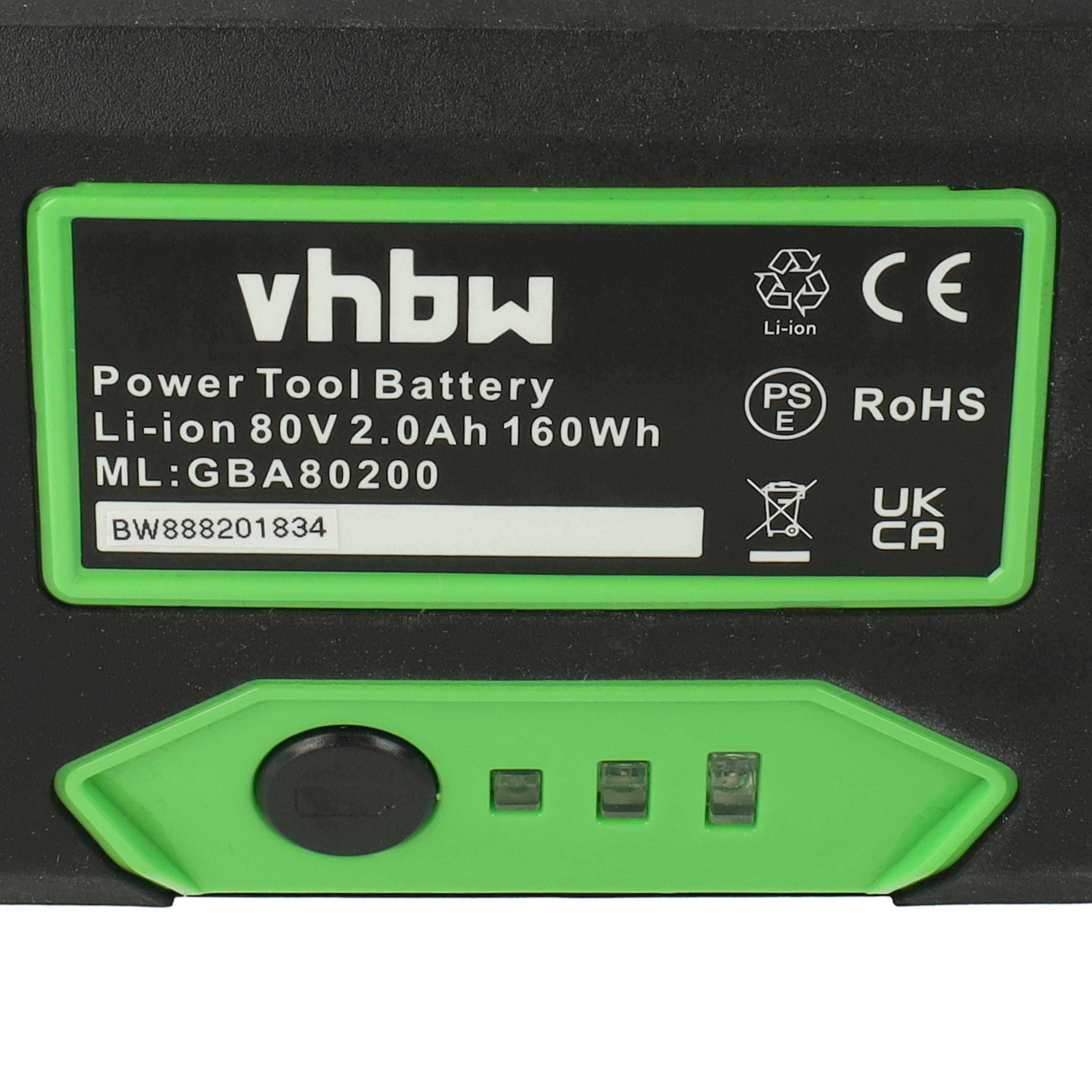 Ein schwarzer und grüner Elektrowerkzeug-Akku mit Text: vhbw, Power Tool Battery, Li-Ion 80V und verschiedenen Symbolen.