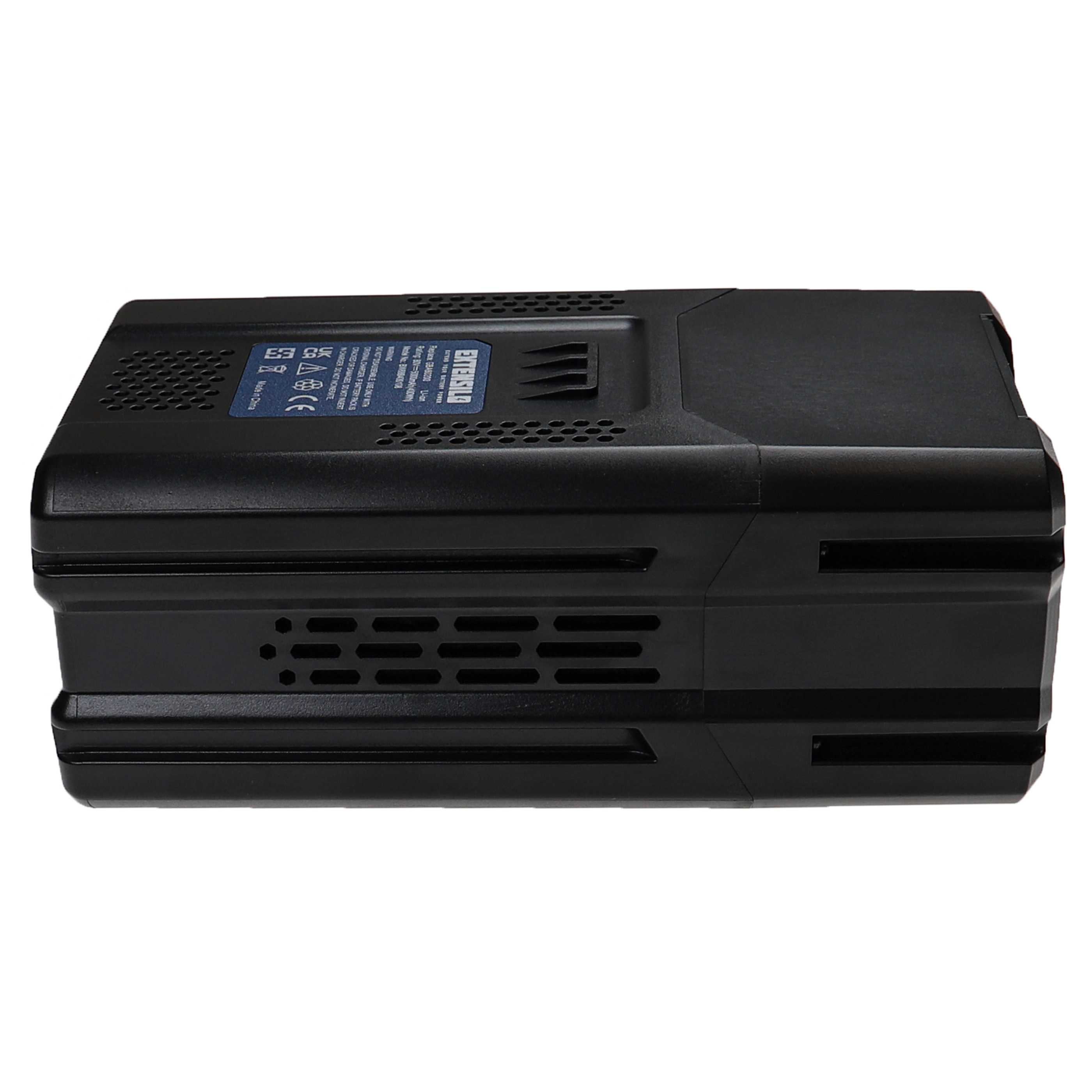 Ein schwarzes, rechteckiges Extensilo-Batteriegerät. Es hat Luftschlitze und ein Etikett mit Details.