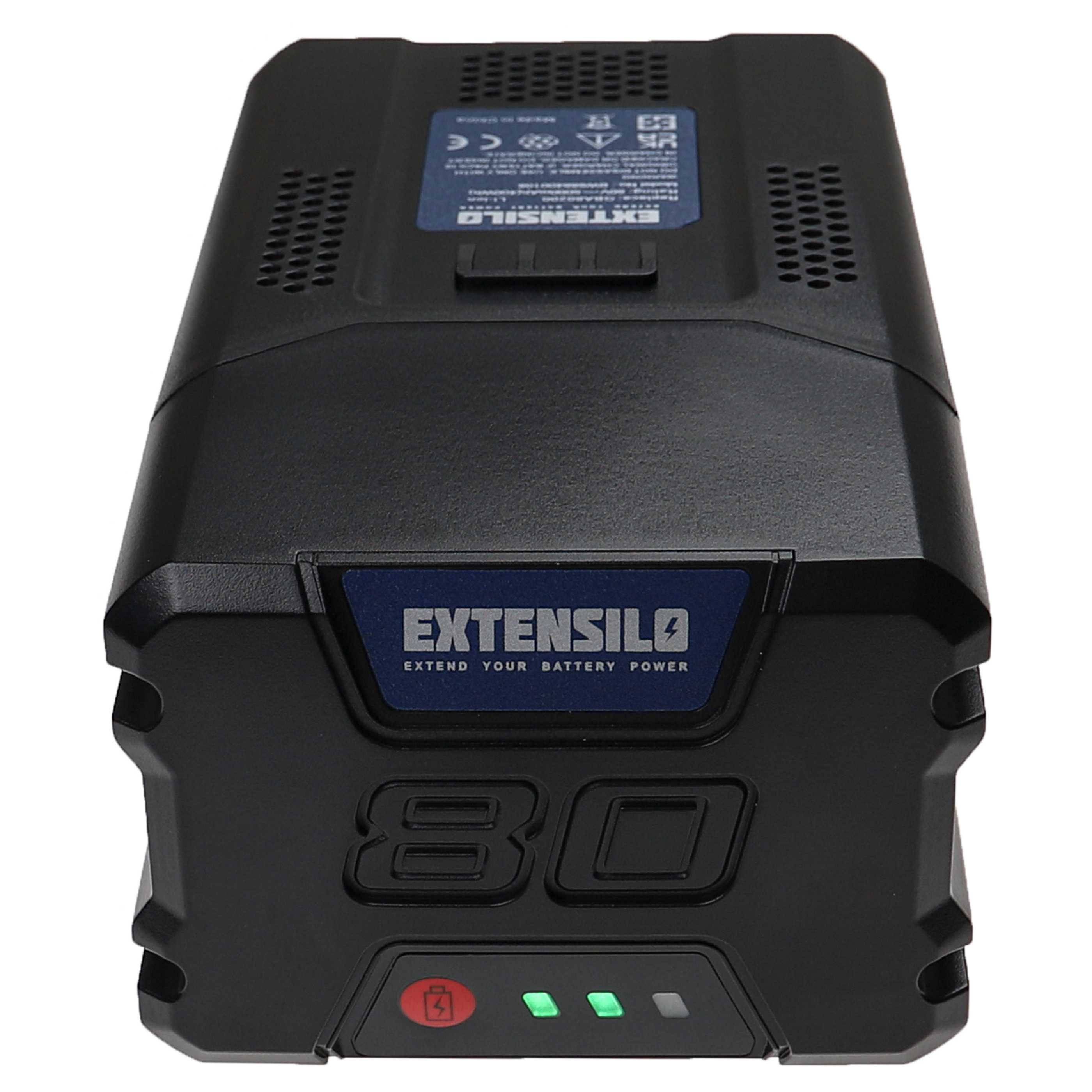 Ein schwarzes Extensilo-Akkupack. Es hat das Markenlogo, die Zahl 80 und Batteriestatus-Leuchten.