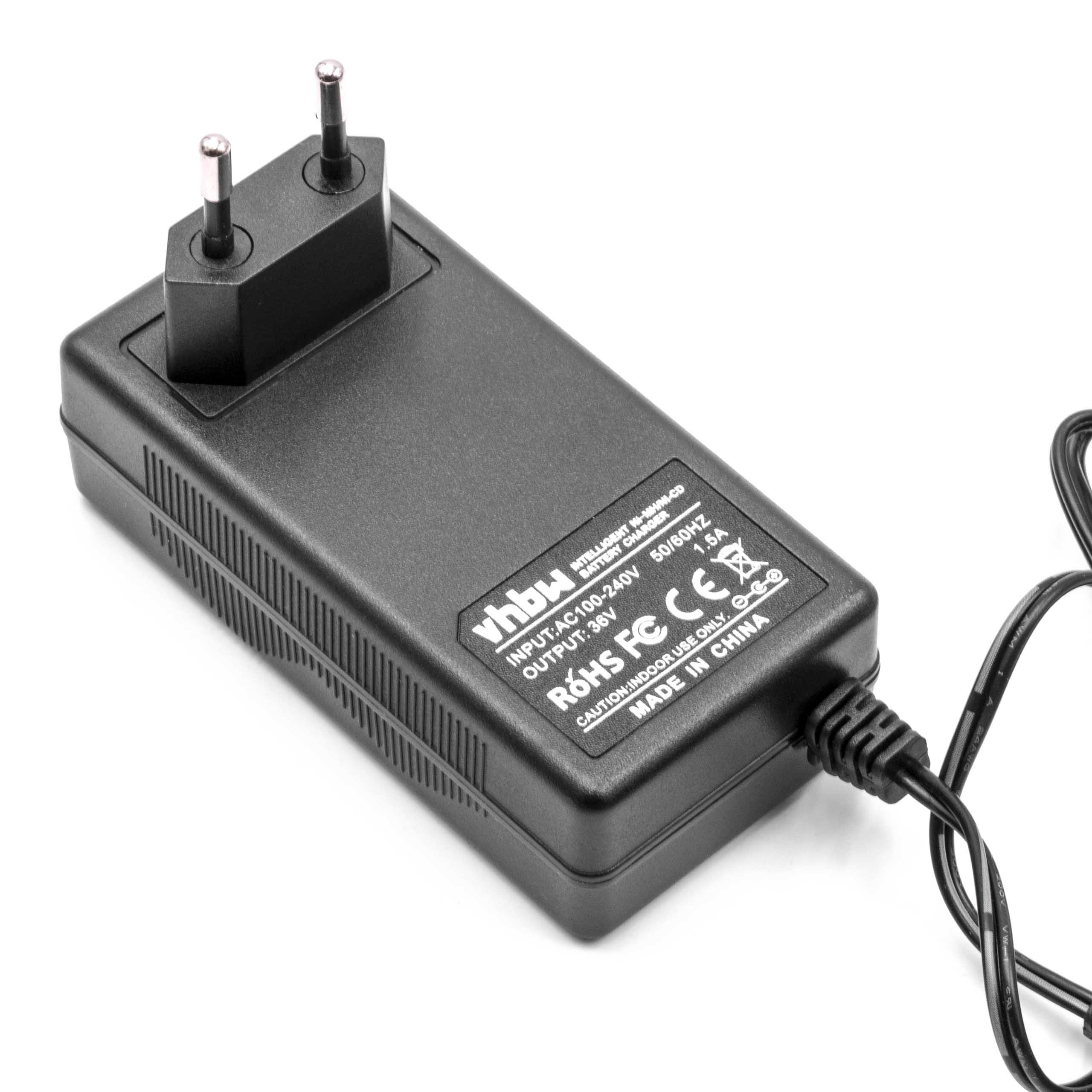 Ein schwarzes Ladegerät mit zwei Stiften, der Text lautet vhbw und INPUT:AC100-240V OUTPUT:36V.