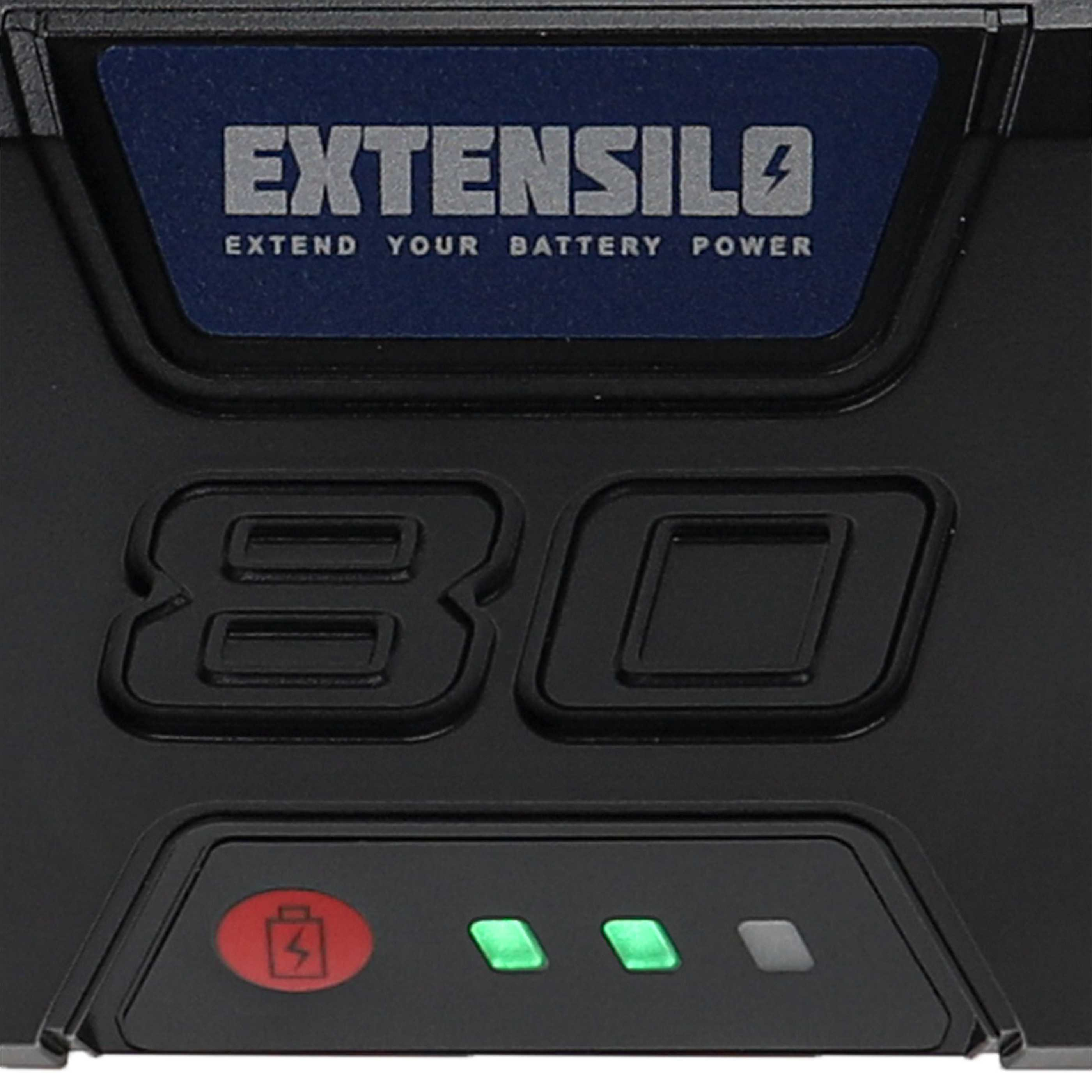 Nahaufnahme eines schwarzen Extensilo-Geräts. Es hat die Zahl 80, ein Batteriesymbol und grüne und graue Lichter.