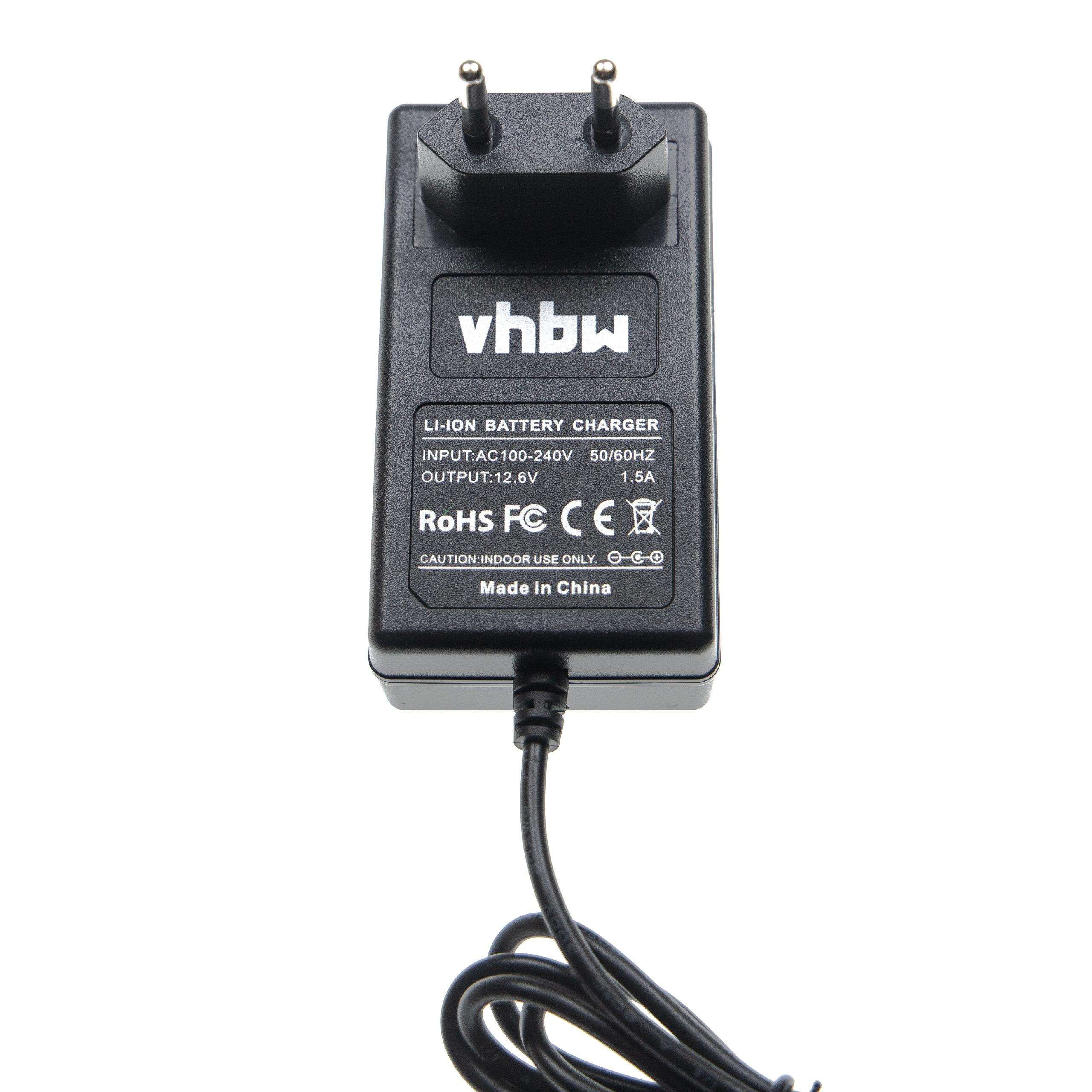 Ein schwarzes Li-Ionen-Batterieladegerät mit Stecker, die Marke ist vhbw. Es hat ein schwarzes Kabel und einen weißen Hintergrund.