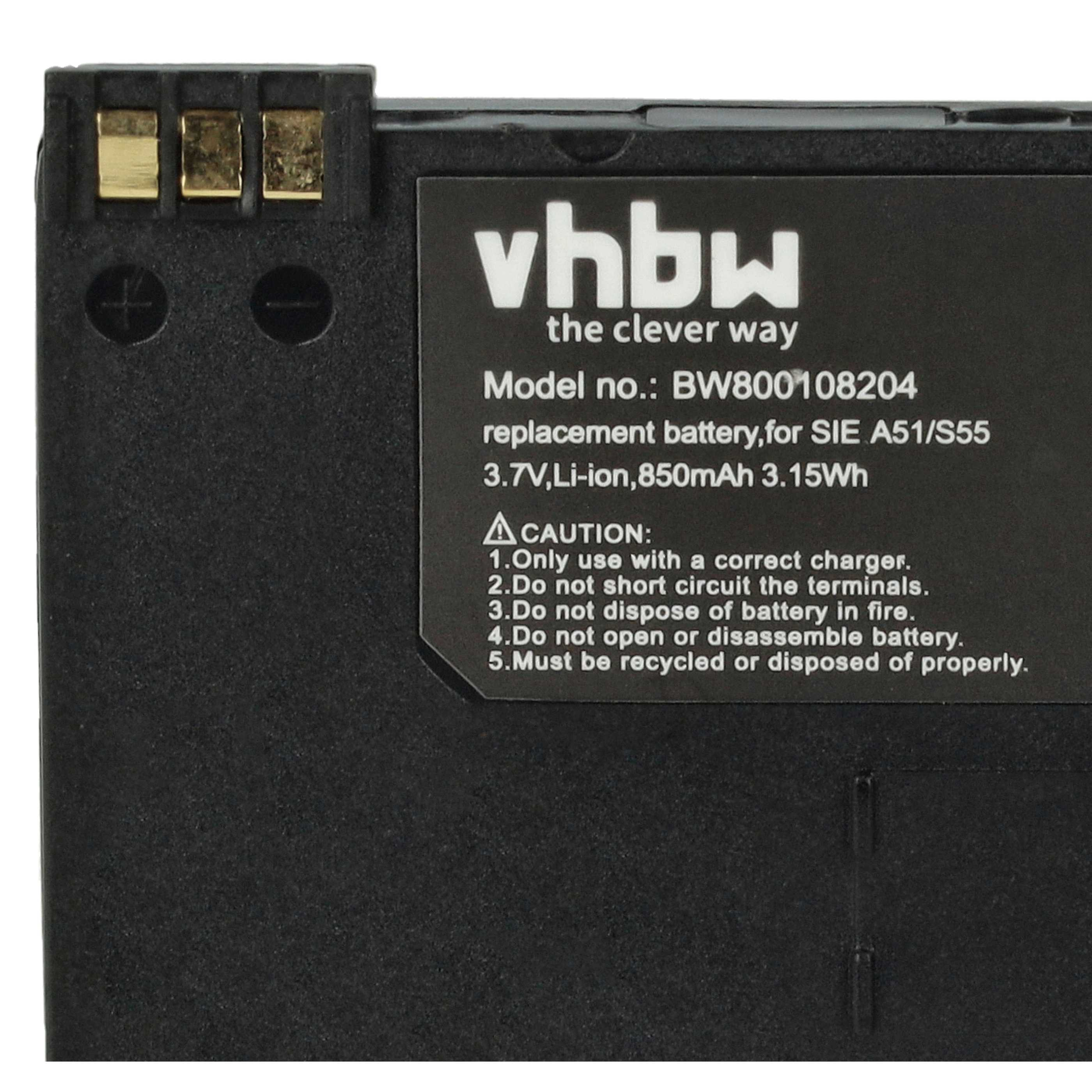 Ein schwarzer Telefonakku mit Text: vhbw, Modellnummer und Sicherheitshinweise. Anschlüsse und Ladeinformationen sind sichtbar.