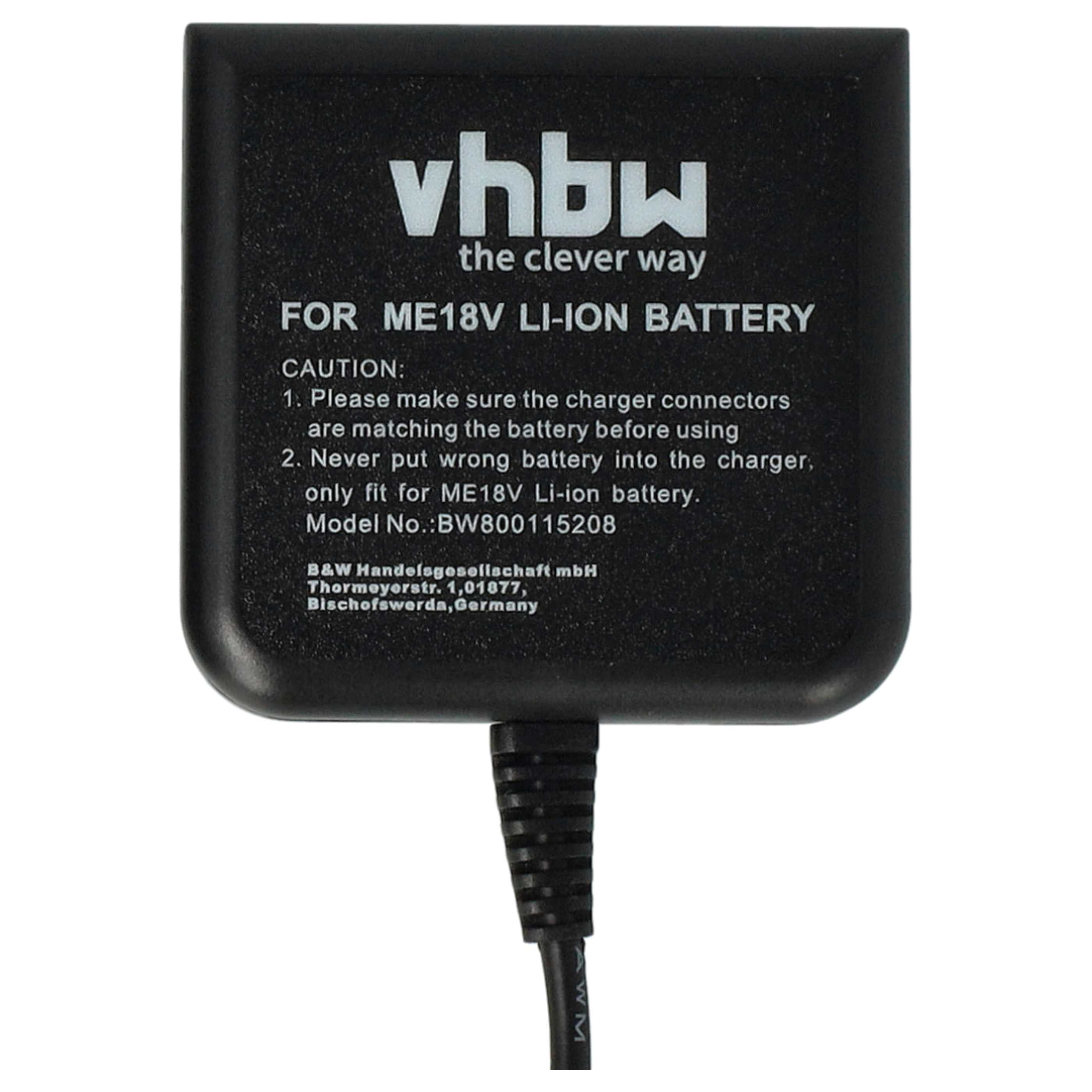 Schwarzes Ladegerät mit weißem Text. Es steht "vhbw the clever way" und "FOR ME18V LI-ION BATTERY". Ein schwarzes Kabel ist befestigt.