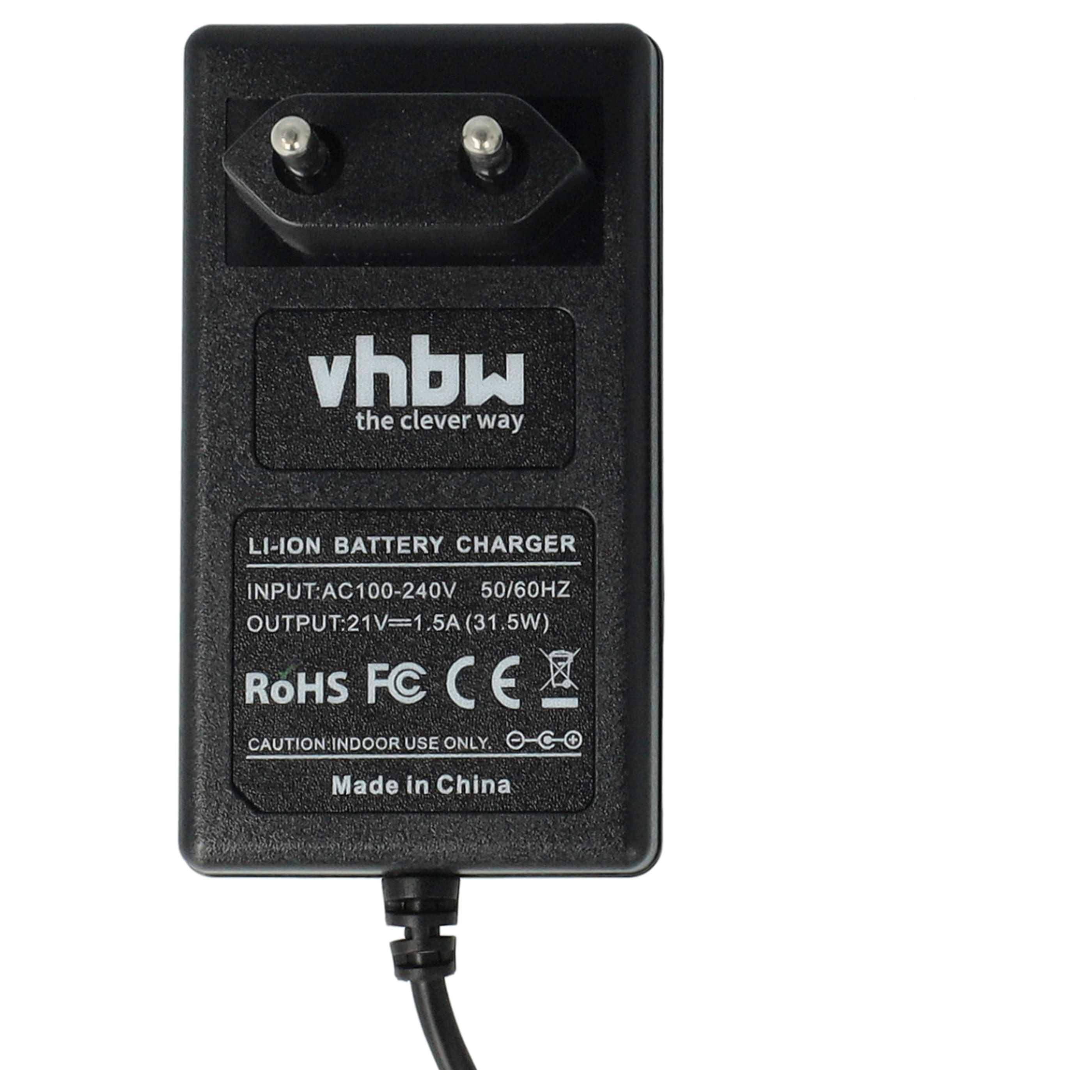 Schwarzes Ladegerät mit Zweipolstecker. Text auf dem Ladegerät lautet: vhbw, Li-Ion-Batterieladegerät und Made in China.