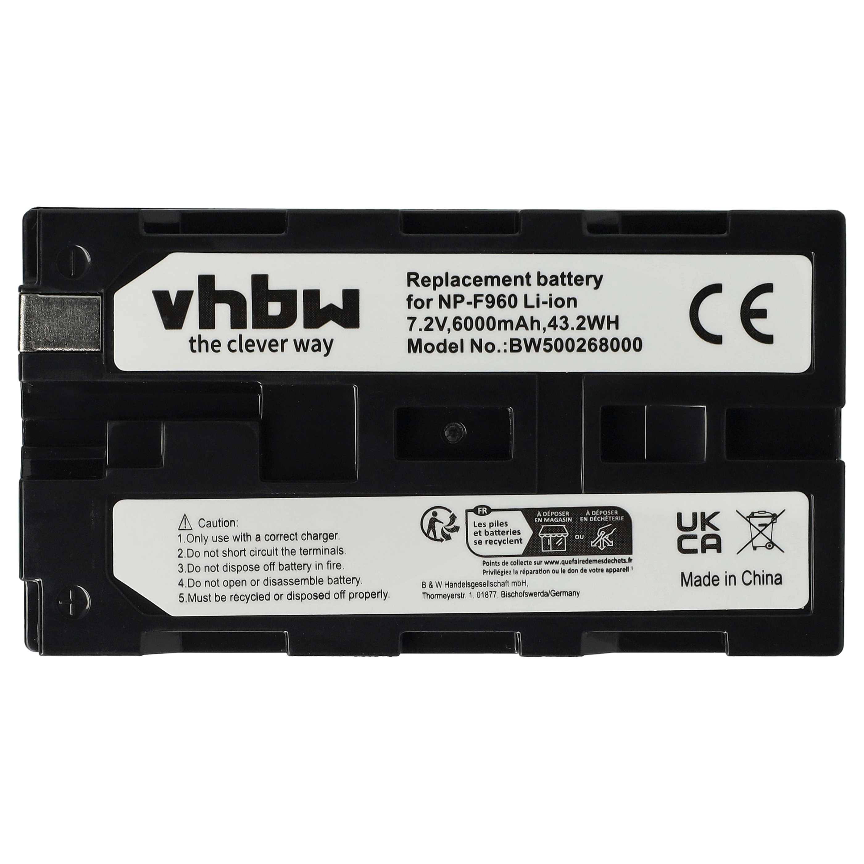 Ein schwarzer Akku mit weißem Text. Er hat die Marke vhbw und Spezifikationen wie 7,2V, 6000mAh und 43,2WH.