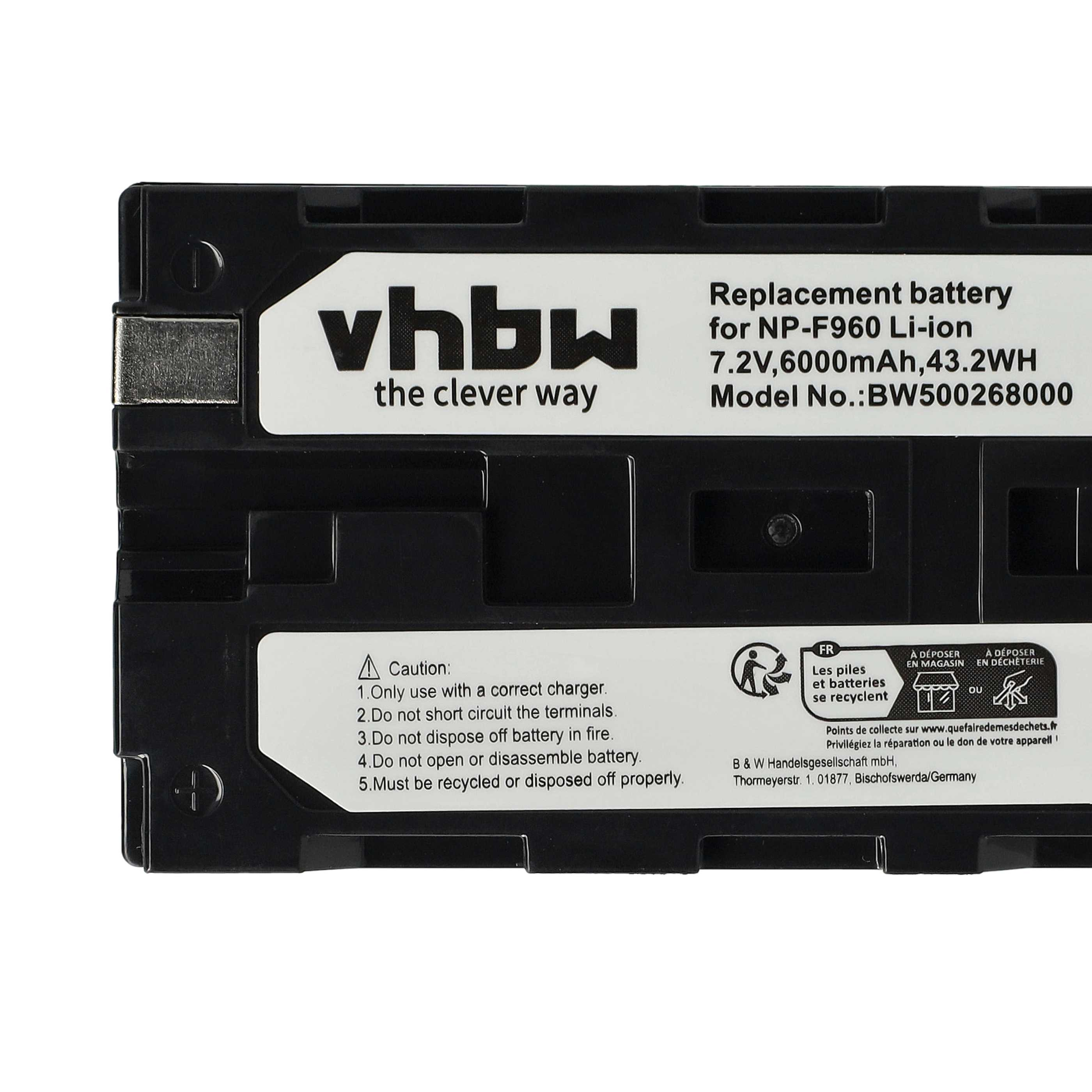 Schwarzer Ersatzakku mit weißem Text. Es steht 'vhbw' und 'Ersatzbatterie für NP-F960 Li-ion'.