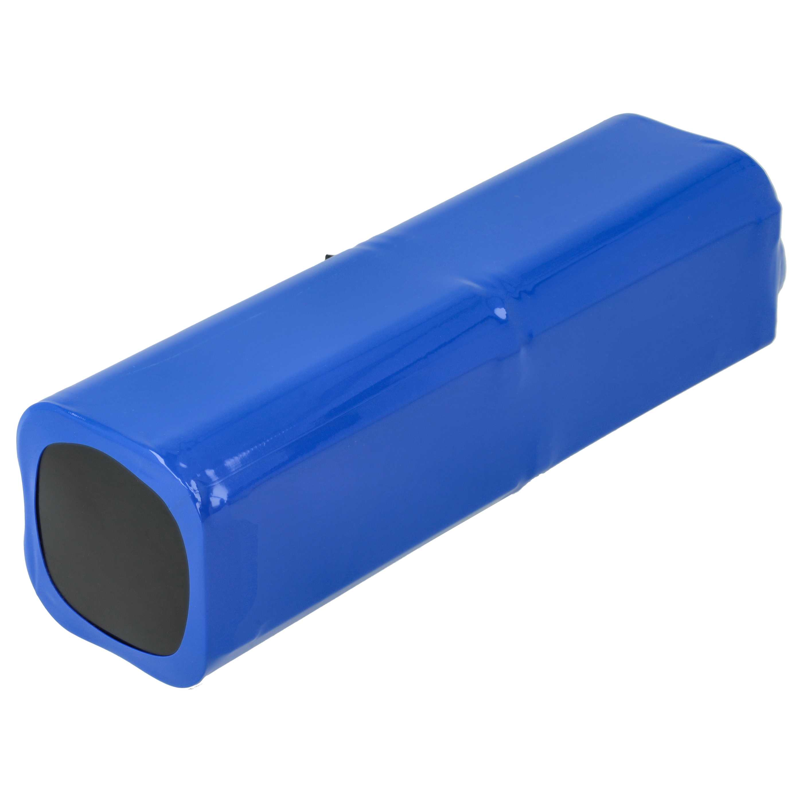 Ein blaues, rechteckiges Objekt, möglicherweise eine Batterie, ist vor weißem Hintergrund isoliert. Es hat eine glatte, glänzende Oberfläche.
