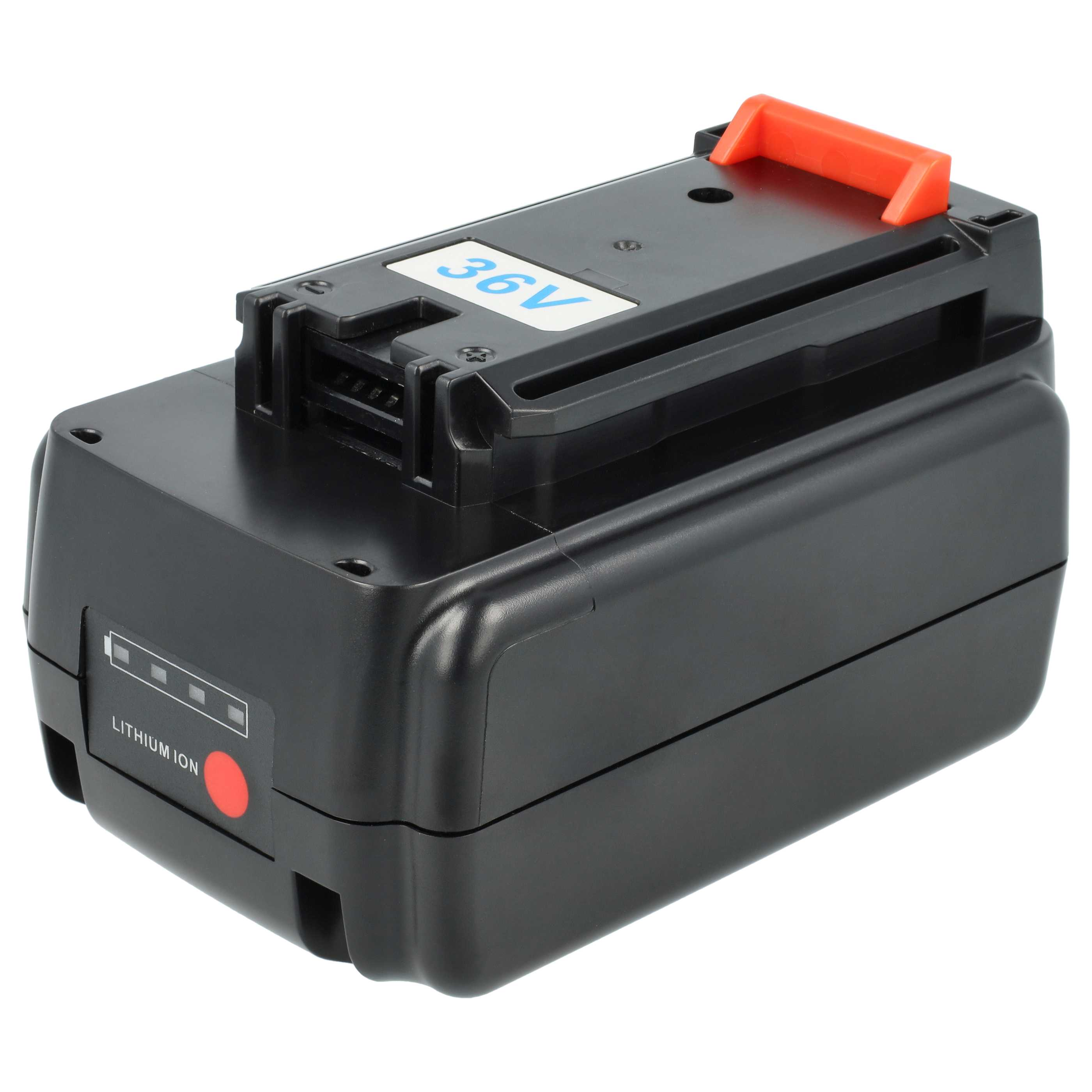 Ein schwarzer 36-V-Lithium-Ionen-Akku mit orangefarbenem Griff. Er hat eine Batteriestandsanzeige und einen roten Knopf.