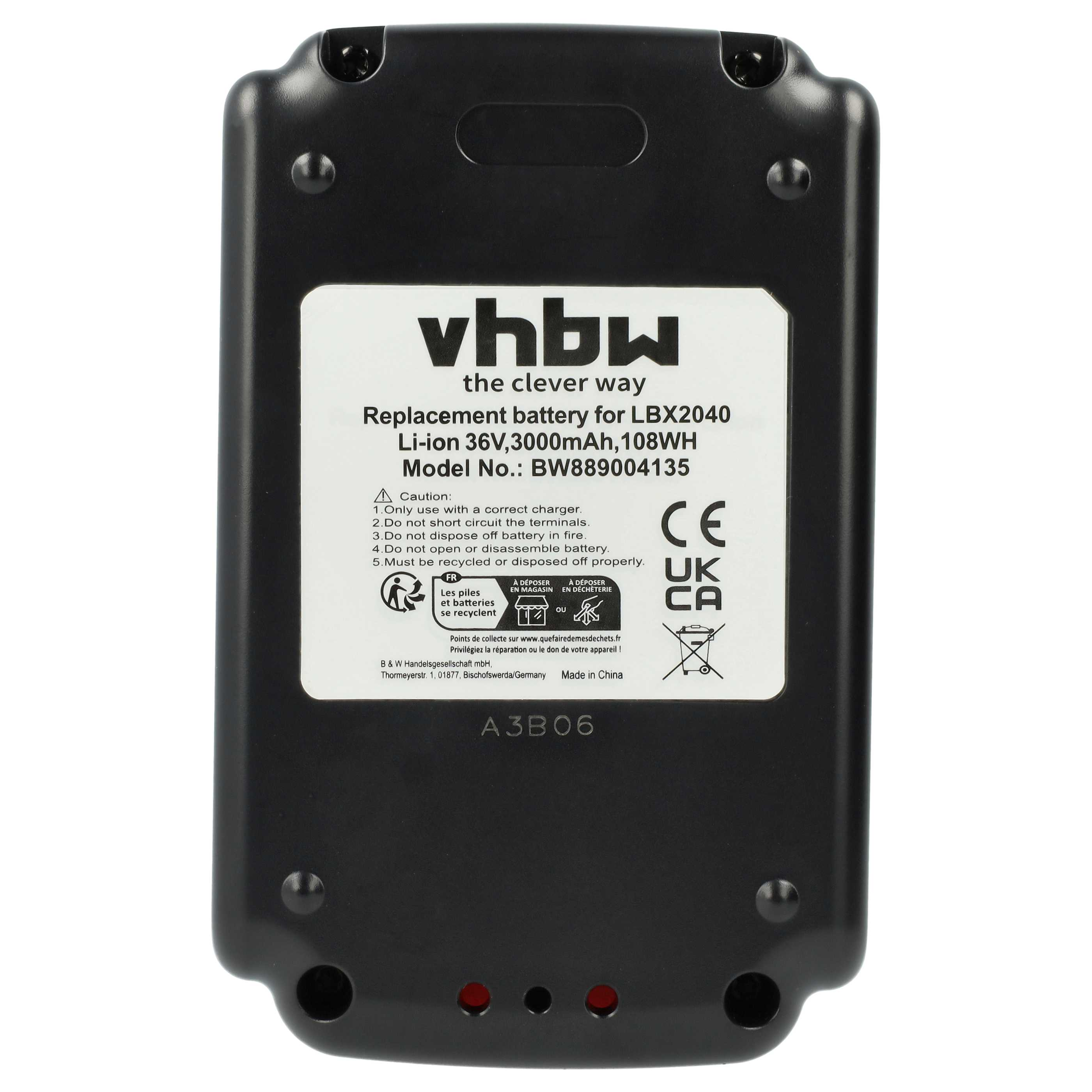 Ein schwarzer Akku mit weißem Etikett, Text: vhbw, LBX2040, Li-Ion 36V. Warnsymbole und Recyclinghinweise sind abgebildet.