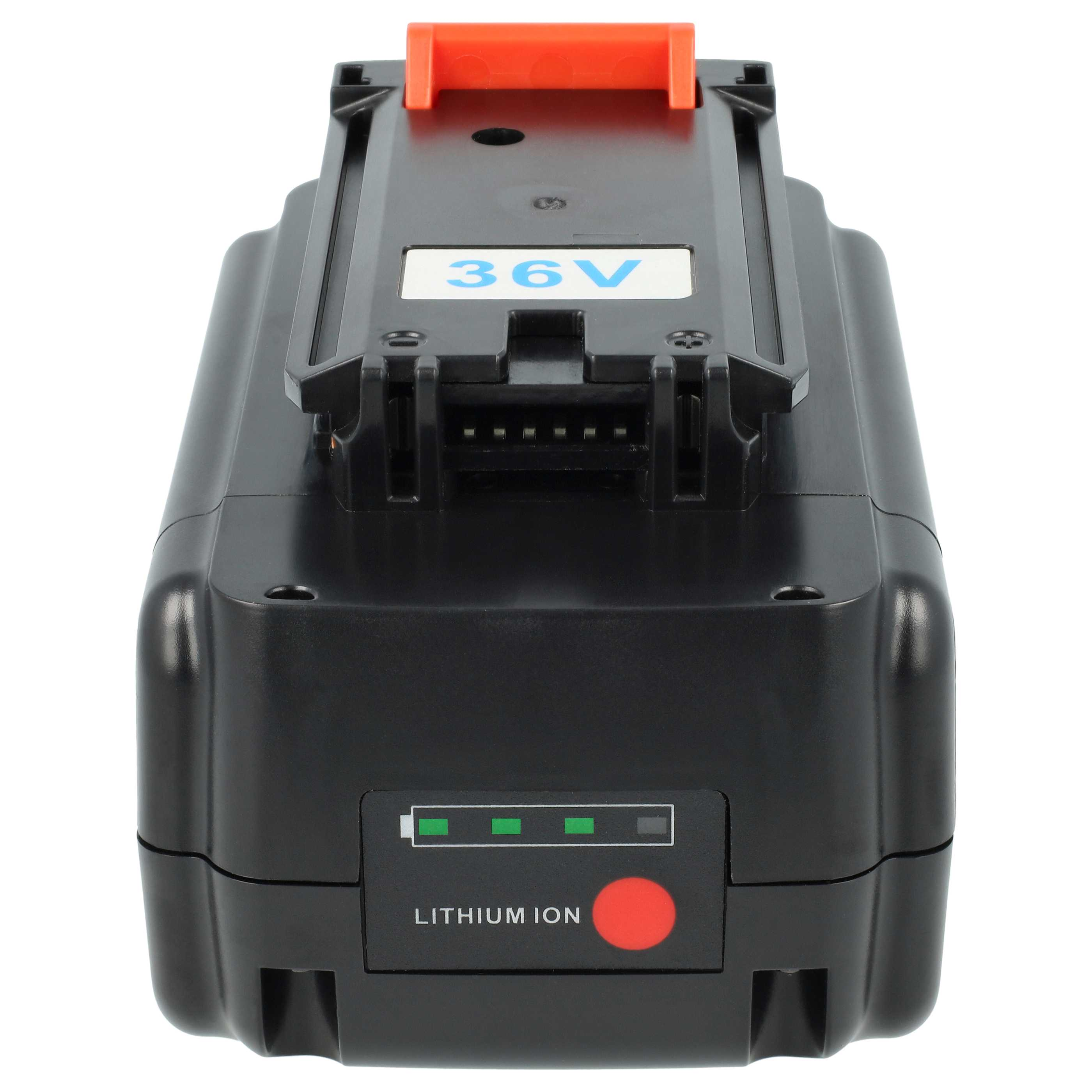 Schwarzer 36-V-Lithium-Ionen-Akku. Er hat einen orangefarbenen Griff, Statusleuchten und einen roten Knopf.
