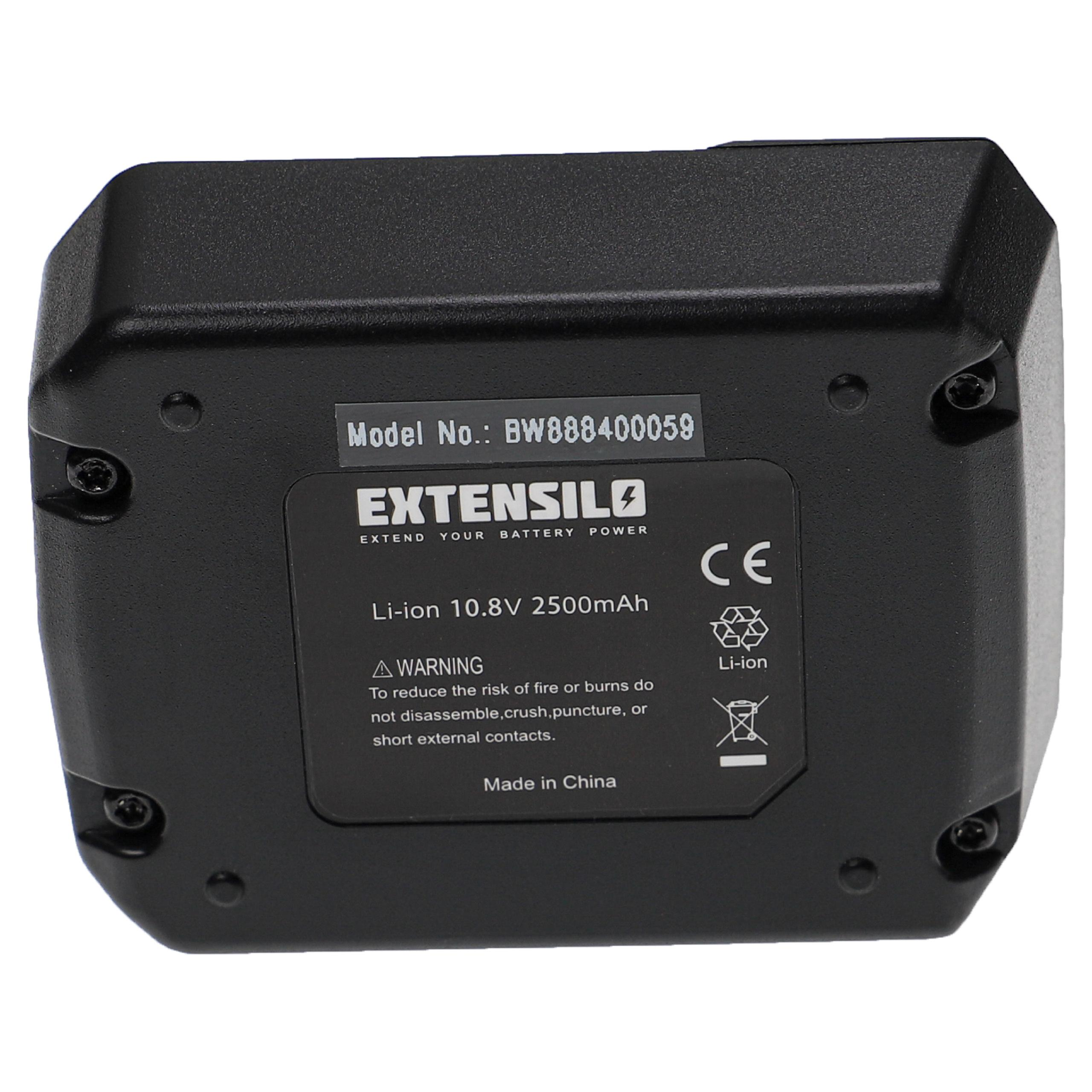 Ein schwarzer Akku mit Etiketten und Warnhinweisen, darunter 'Li-ion 10.8V 2500mAh' und ein 'CE'-Zeichen.