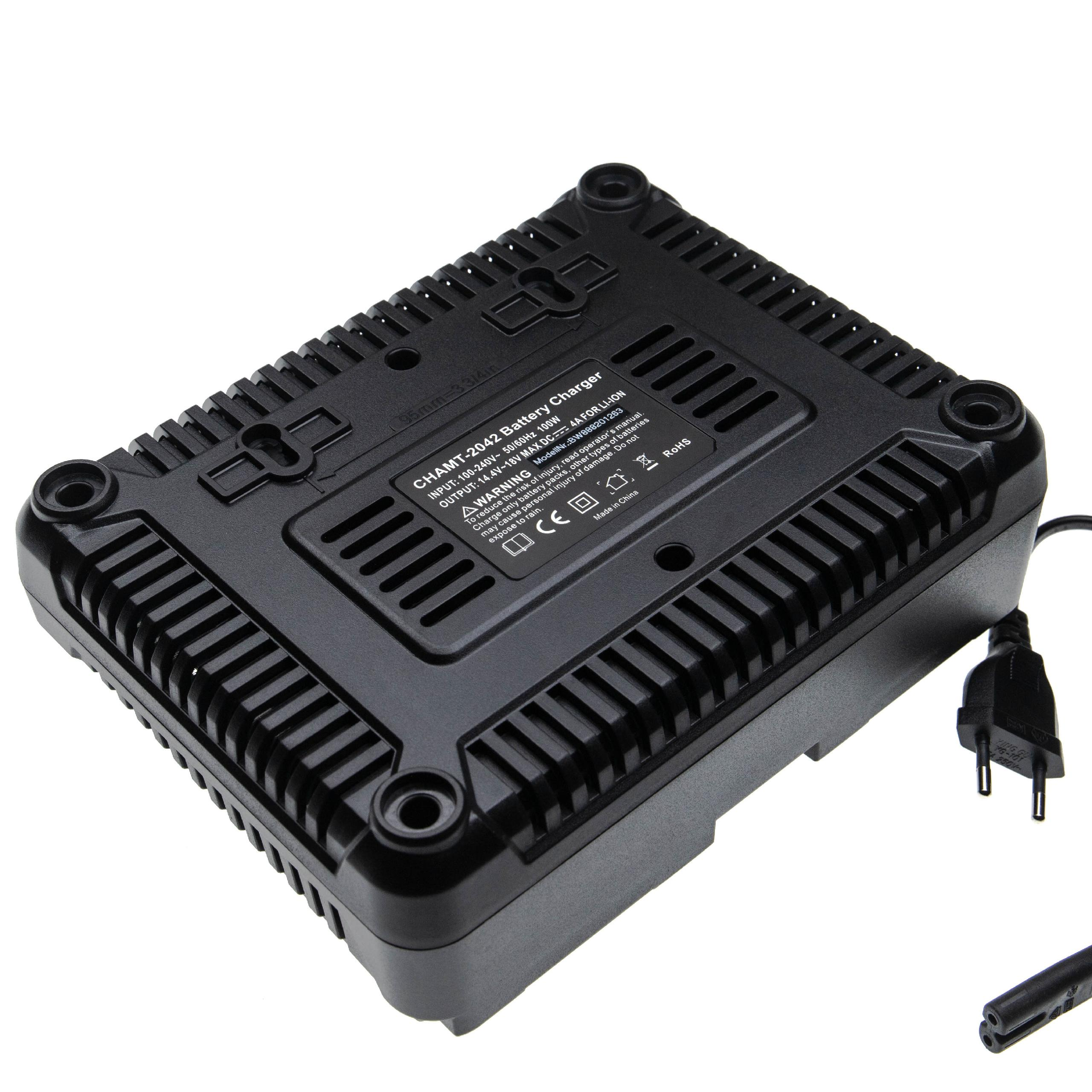 Schwarzes Batterieladegerät mit Etikett. Es hat einen Netzstecker und einen Ladeanschluss, auf weißem Grund.