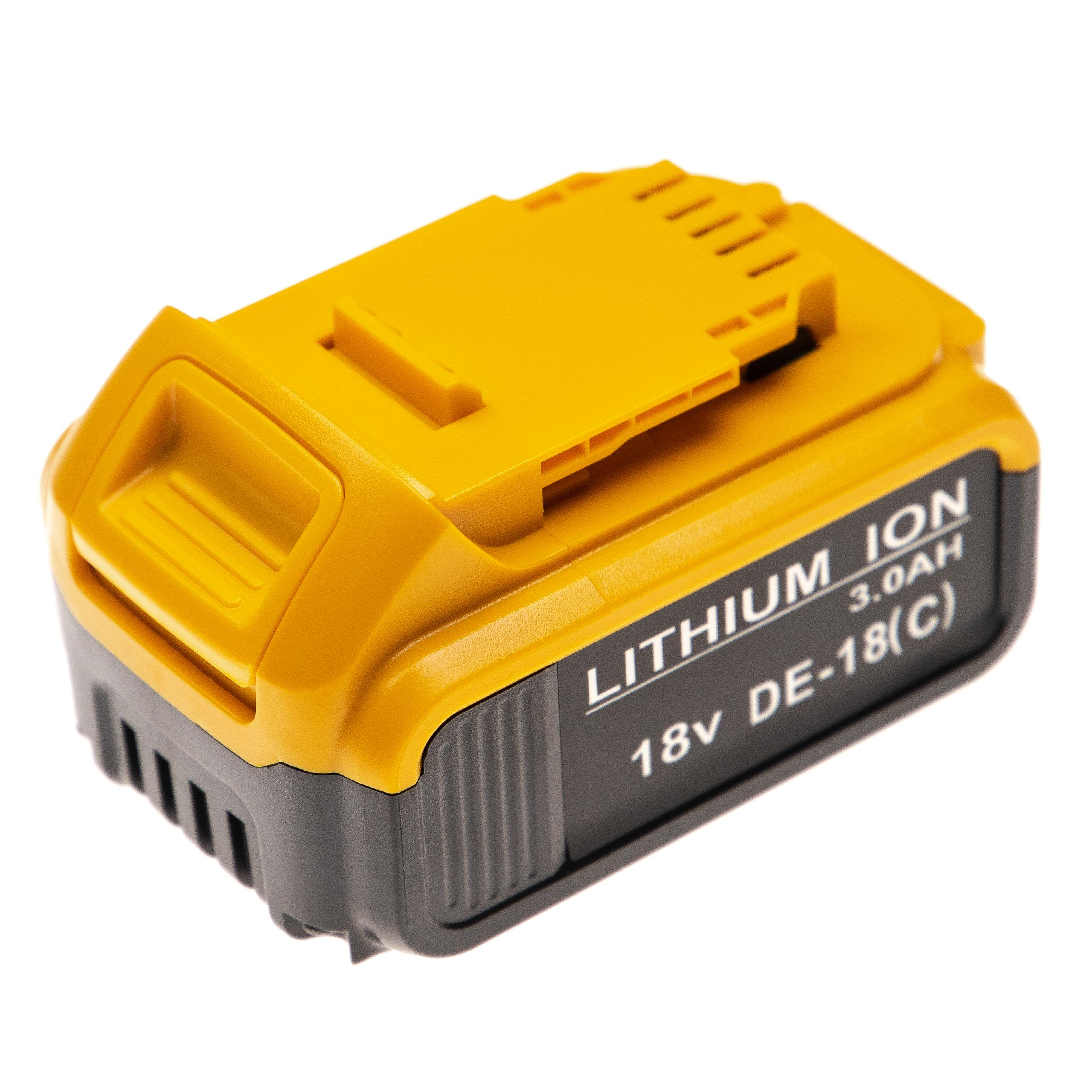 Ein gelb-schwarzer Lithium-Ionen-Akku für ein Elektrowerkzeug ist auf weißem Hintergrund isoliert. Er hat Text mit 18V.