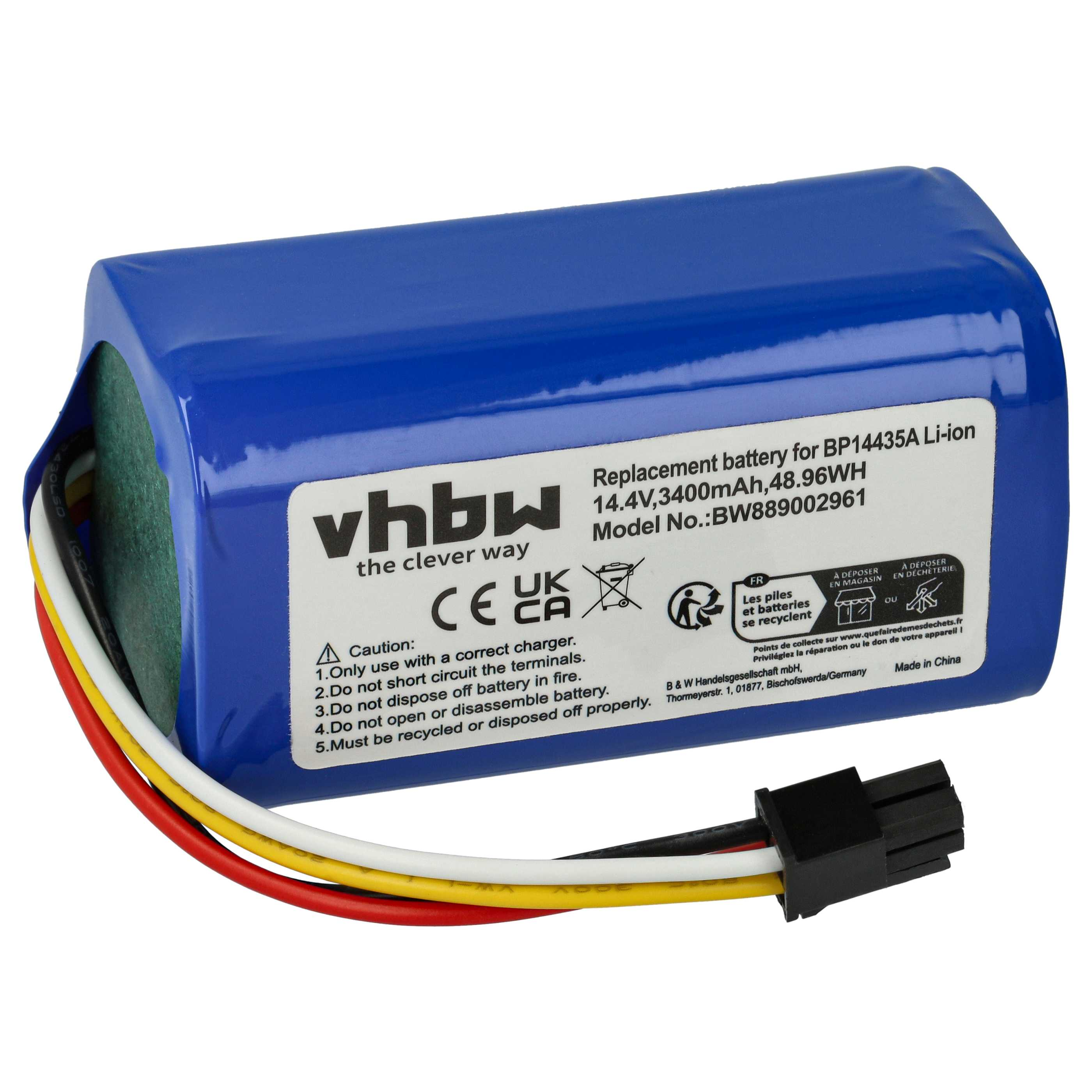 Ein blauer Akku mit Text und Warnhinweisen, verbunden mit Drähten und einem schwarzen Stecker. Die Marke ist vhbw.