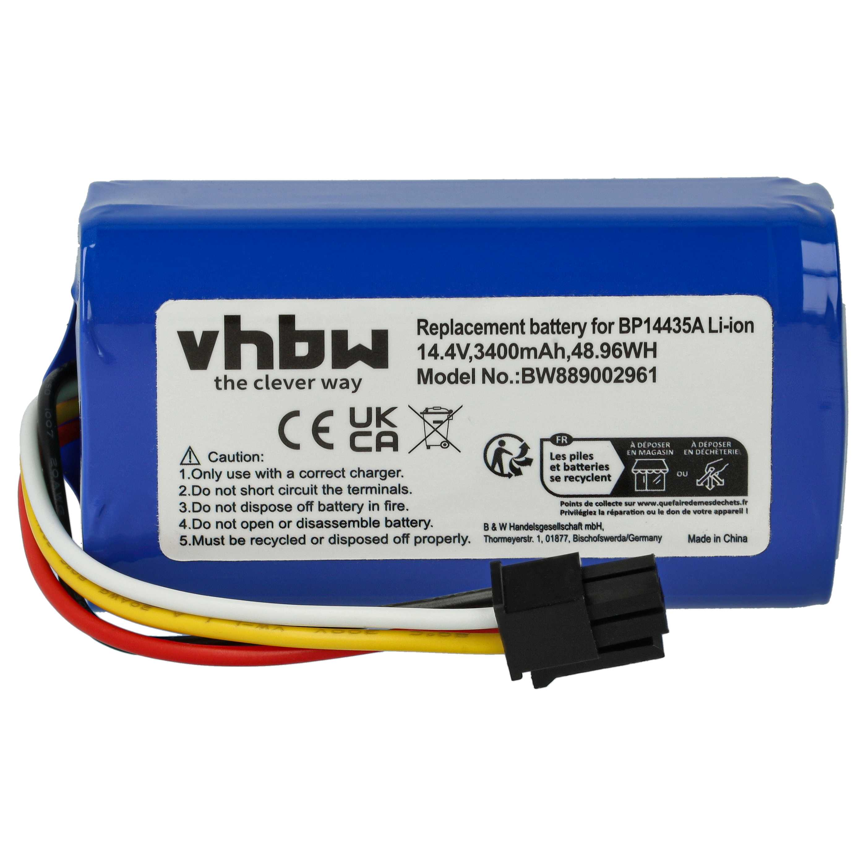 Ein blauer Akku mit schwarzem Stecker. Text: Ersatzbatterie für BP14435A Li-ion, vhbw und Vorsichtssymbole.