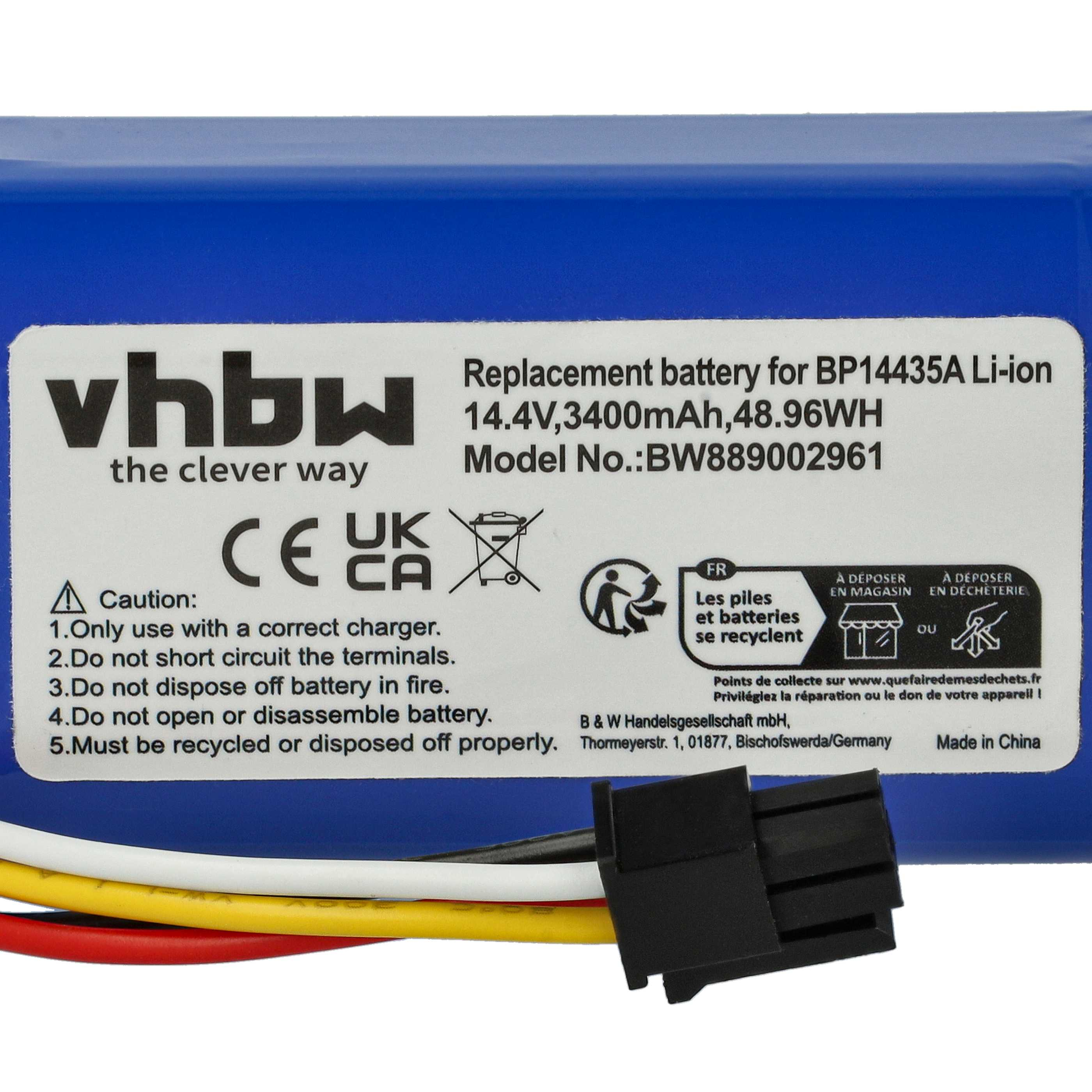 Blaue Batterie mit weißem Etikett, Text und Warnhinweisen. Schwarzer Stecker unten. Drähte in Rot, Gelb und Weiß.