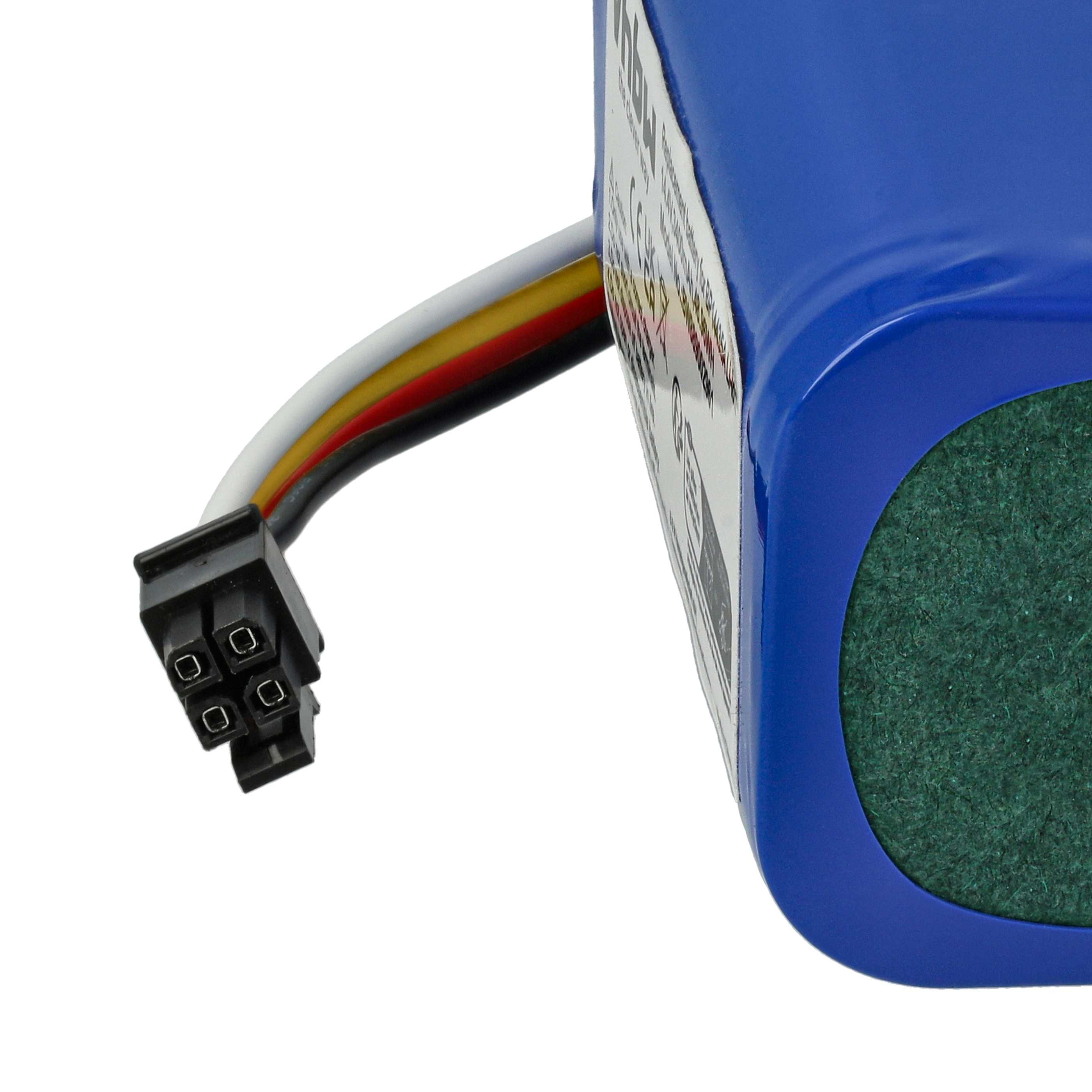 Ein blauer Akku mit schwarzem Stecker und Kabeln. Das Paket hat eine grüne Oberfläche. Drähte sind weiß, gelb, rot und schwarz.
