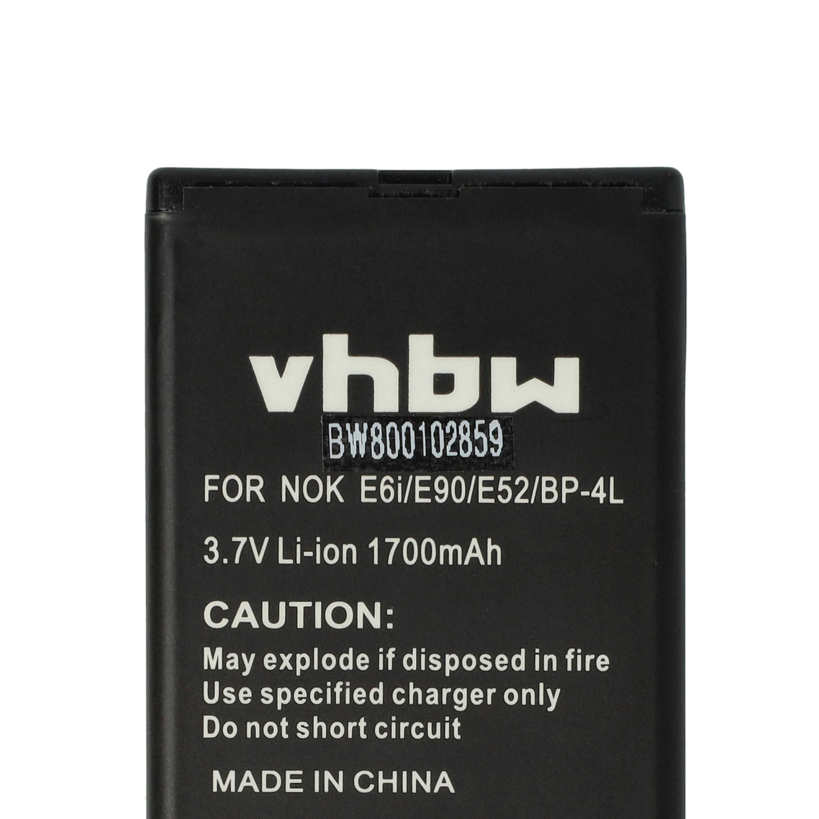 Schwarzer Akku mit weißem Text. Er trägt die Aufschrift 'vhbw', 'BW800102859' und Warnhinweise zu Feuer und Kurzschluss.