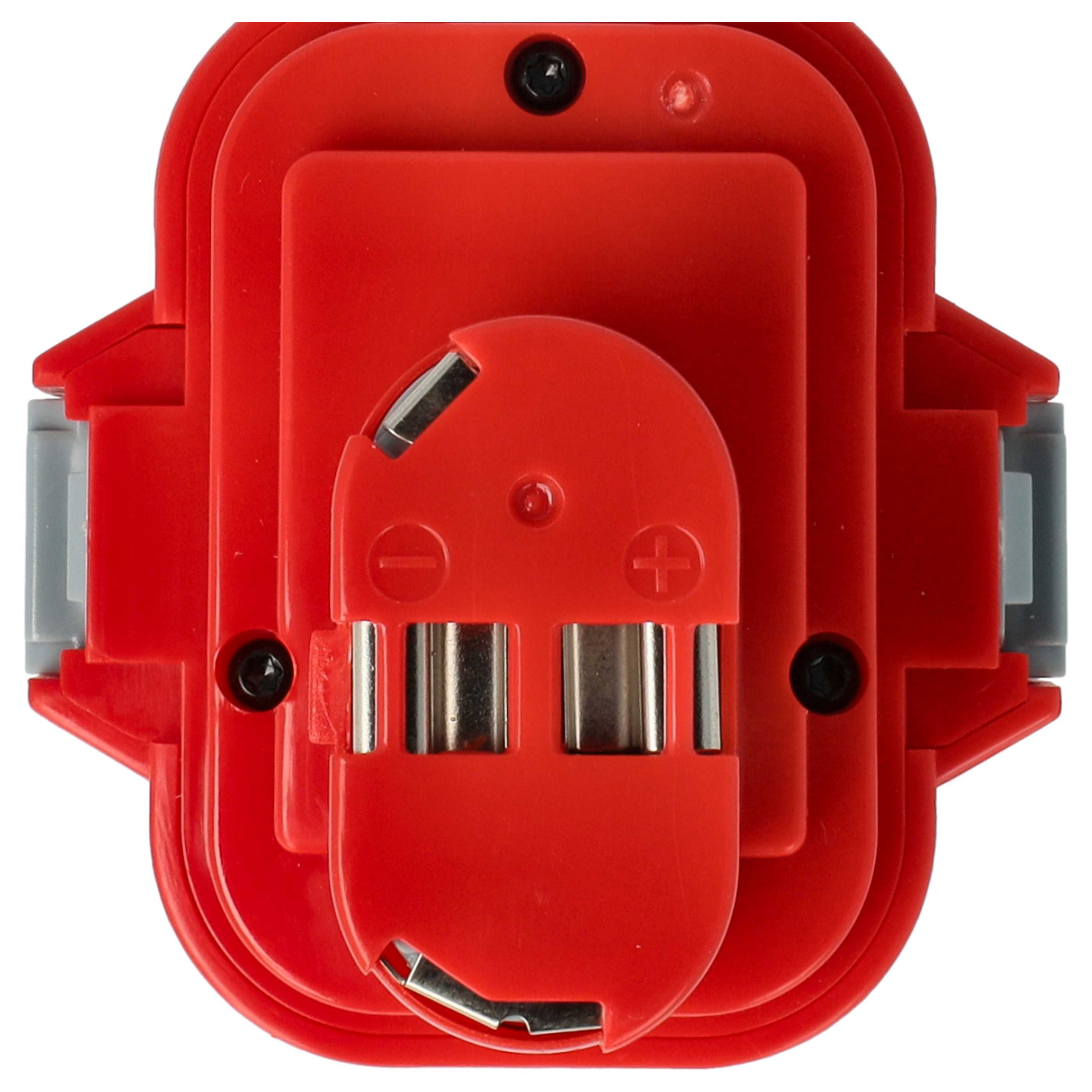 Ein roter Akku mit zentraler Metallkomponente. Er hat eine rechteckige Form mit grauen Seitenclips und schwarzen Schrauben.