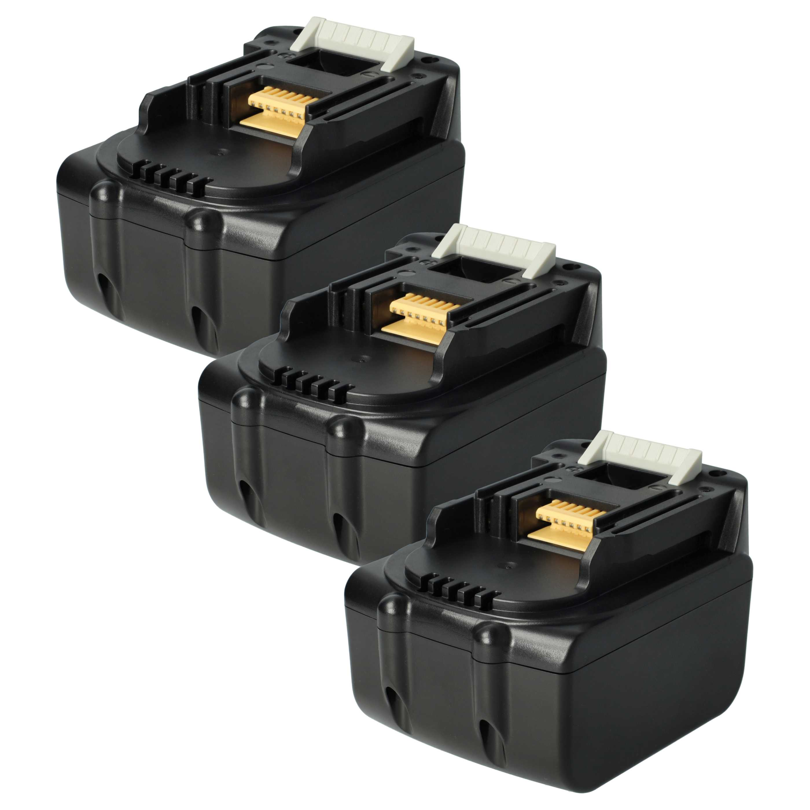 Drei schwarze Elektrowerkzeugbatterien sind diagonal auf weißem Hintergrund angeordnet. Jede Batterie hat eine weiße und gelbe Oberseite.