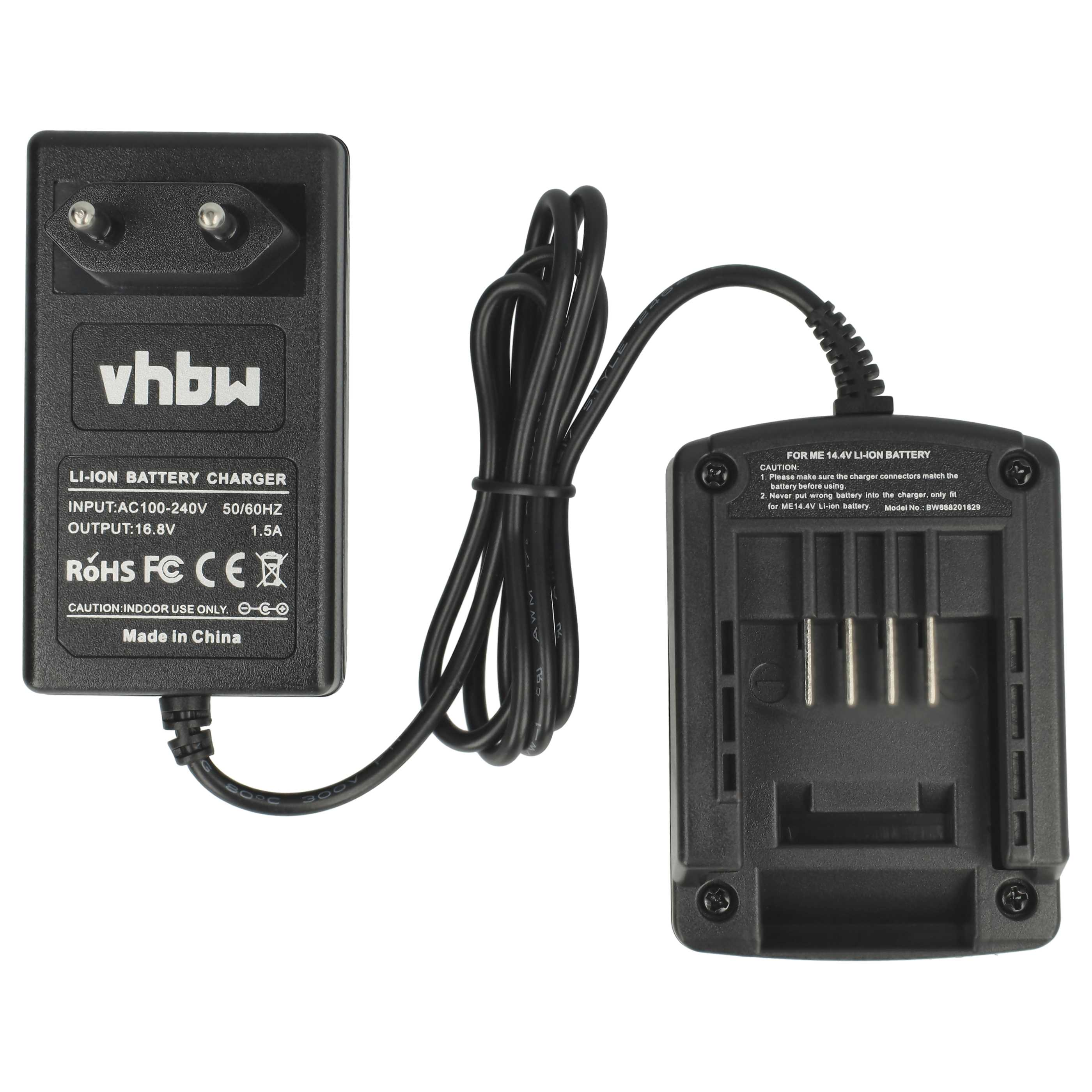 Ein schwarzes Li-Ion-Batterieladegerät mit Stecker und schwarzem Kabel. Es hat das Logo vhbw und Made in China.