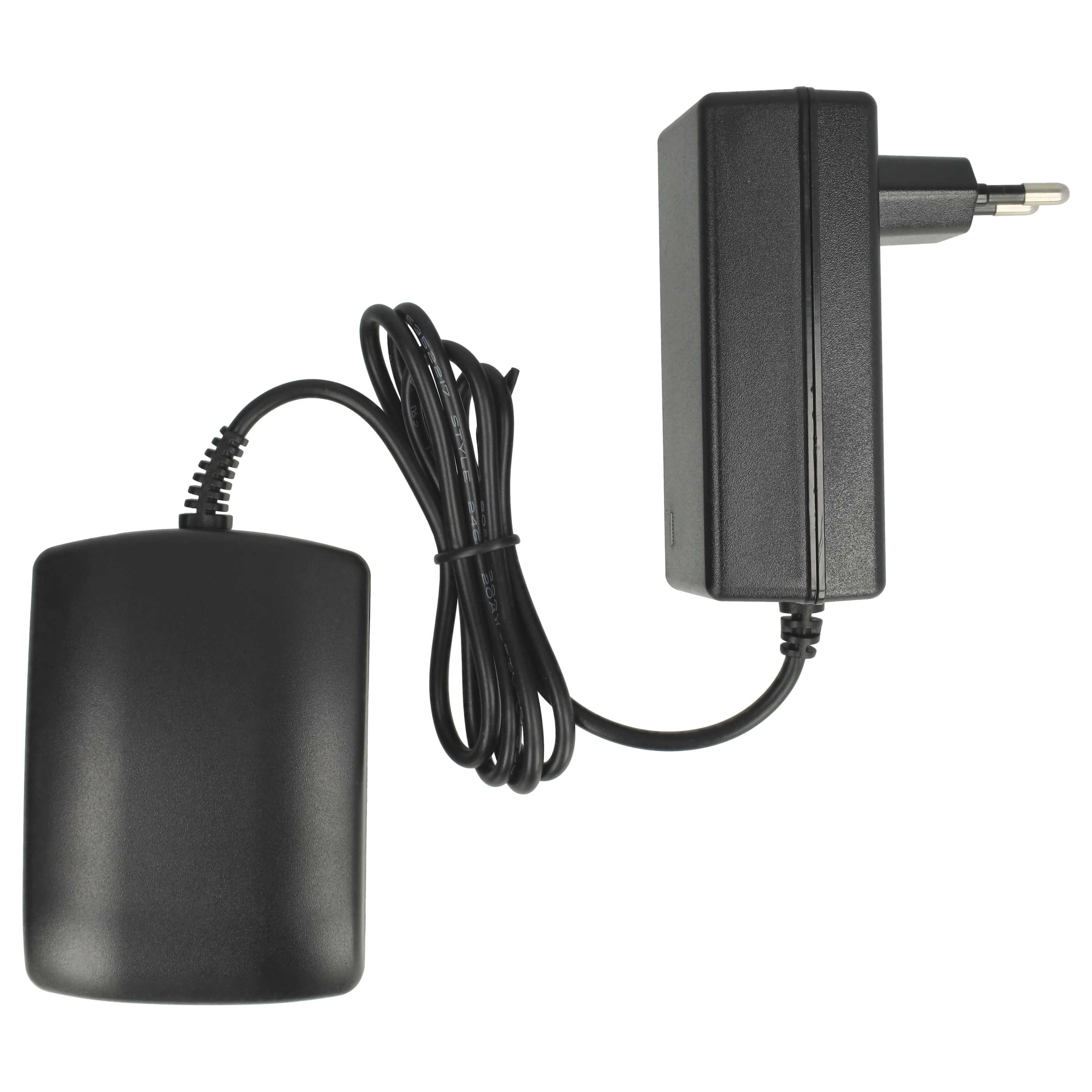 Schwarzes Netzteil mit schwarzem Kabel, verbunden mit einem schwarzen Gerät, vor weißem Hintergrund.