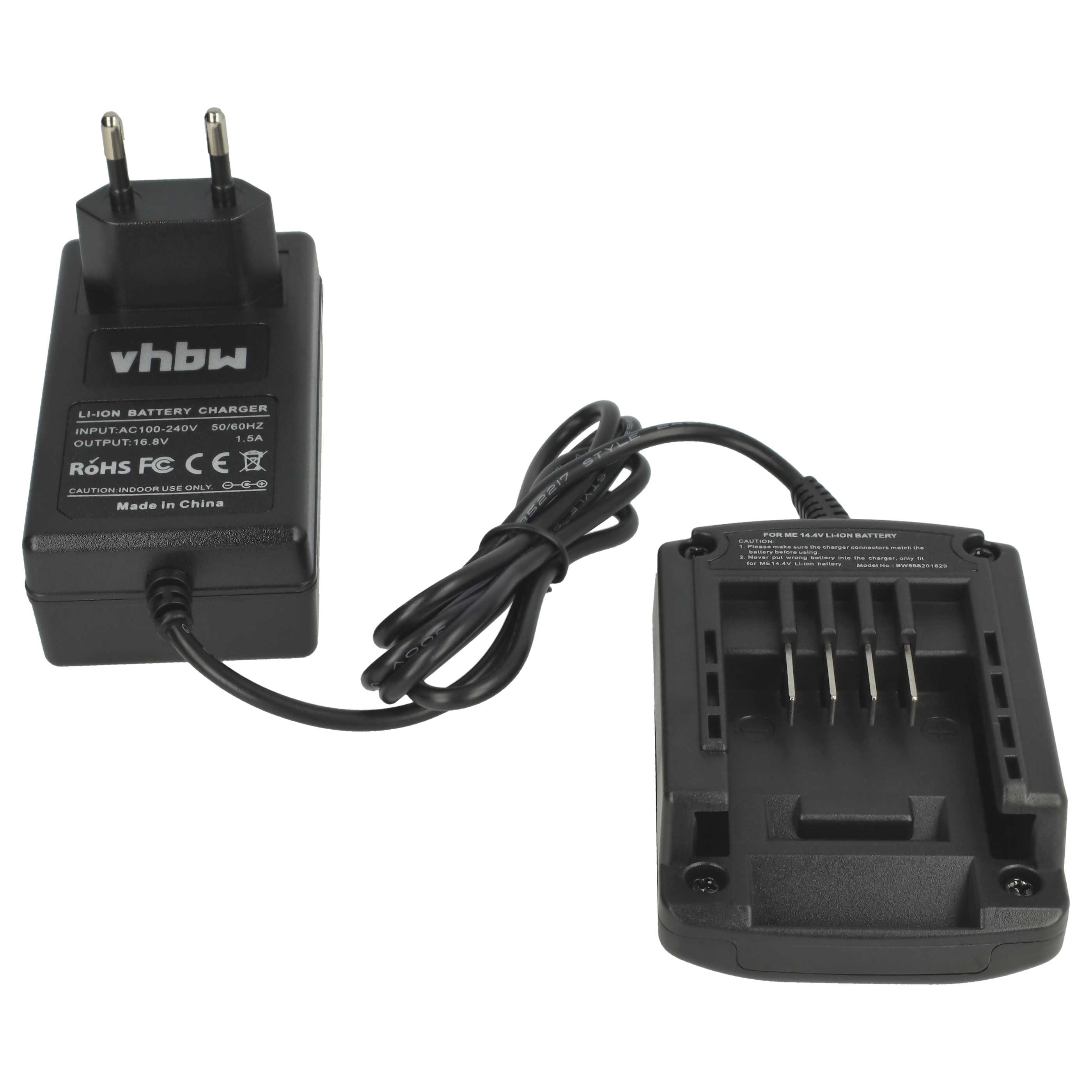 Schwarzes Ladegerät mit Kabel und Stecker. Das Ladegerät hat ein Etikett mit Text. Es gibt auch einen Batteriehalter.