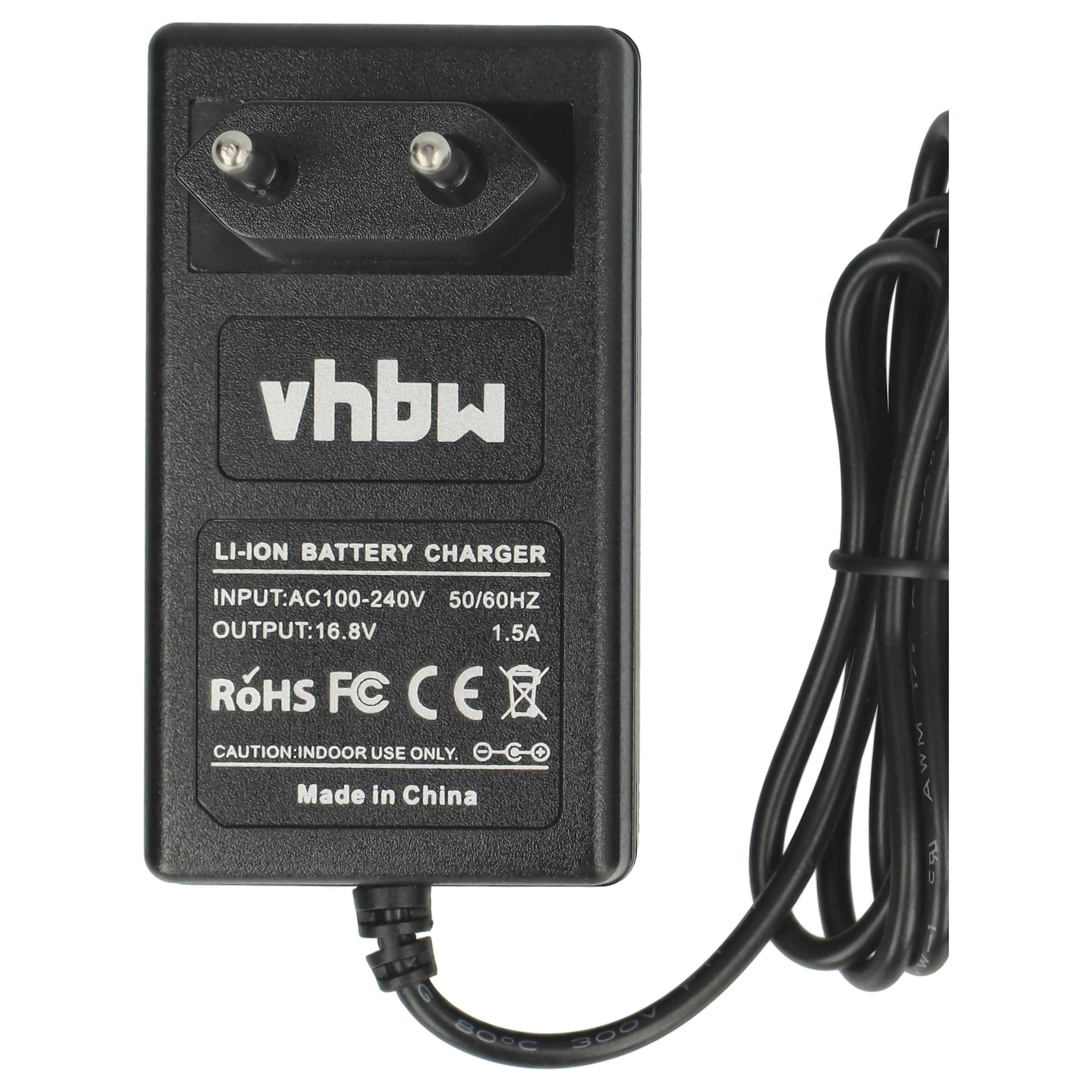 Schwarzes vhbw Li-Ion-Batterieladegerät mit Stecker und angeschlossenem schwarzem Kabel. Text auf dem Ladegerät enthält Spezifikationen und Sicherheitshinweise.