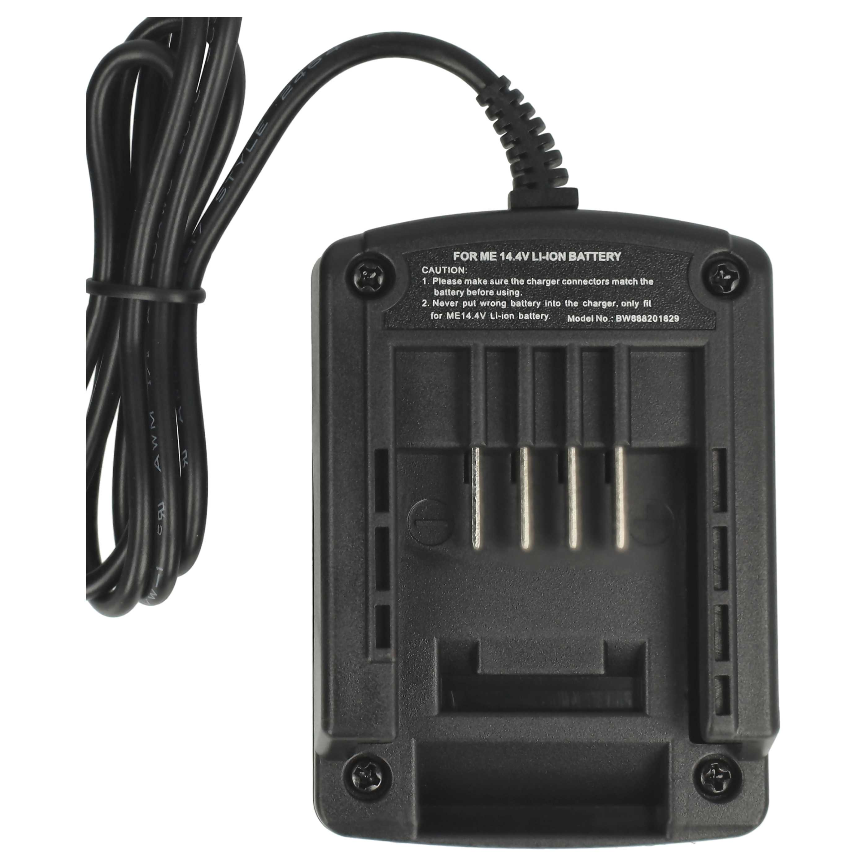 Schwarzes Batterieladegerät für ME 14,4V Li-Ion-Batterie. Mit schwarzem Kabel und Anschlüssen. Text auf dem Gehäuse.