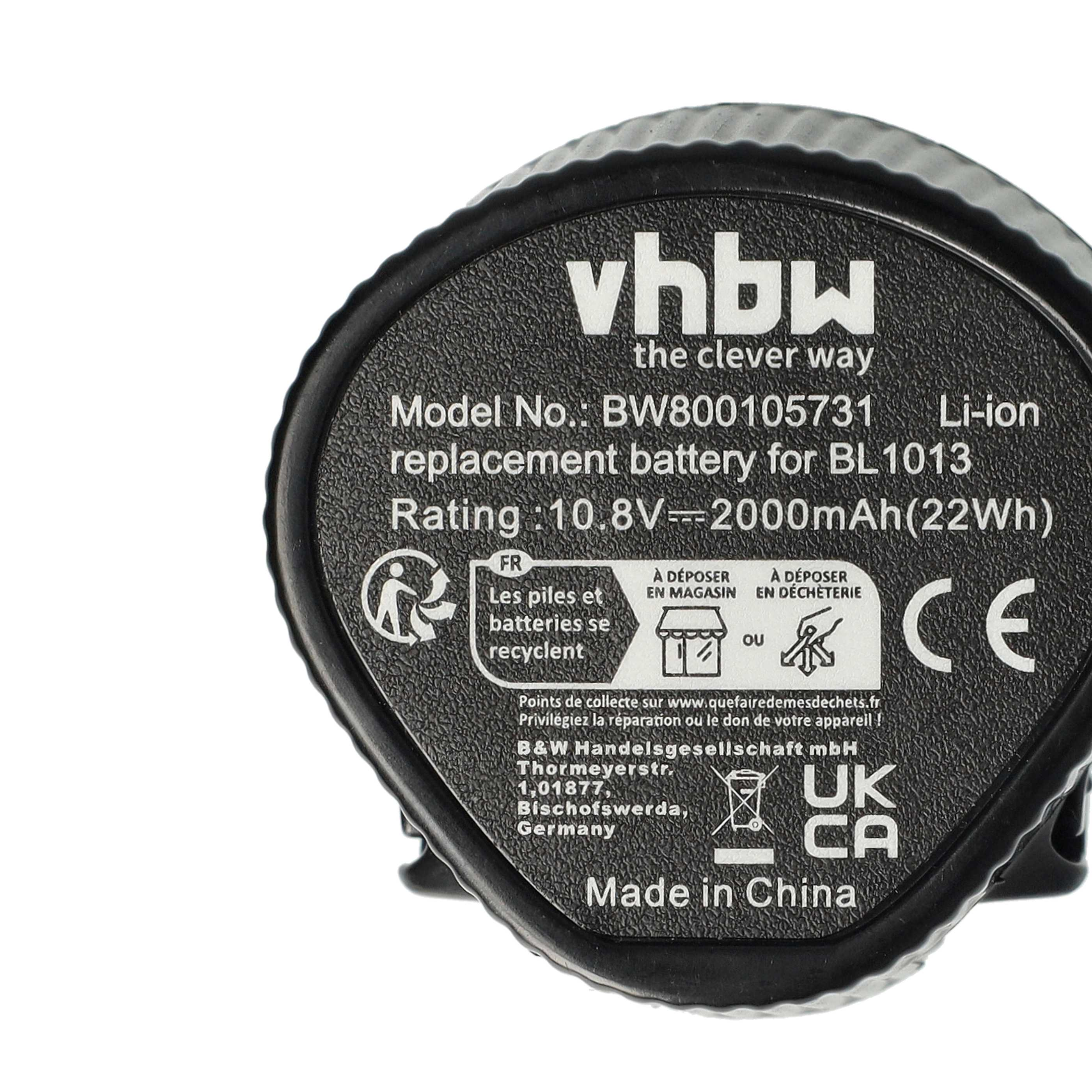 Schwarzer Akku mit weißem Text, 'vhbw'-Logo und Text zu Modell, Spannung und Recyclinghinweisen. Hergestellt in China.