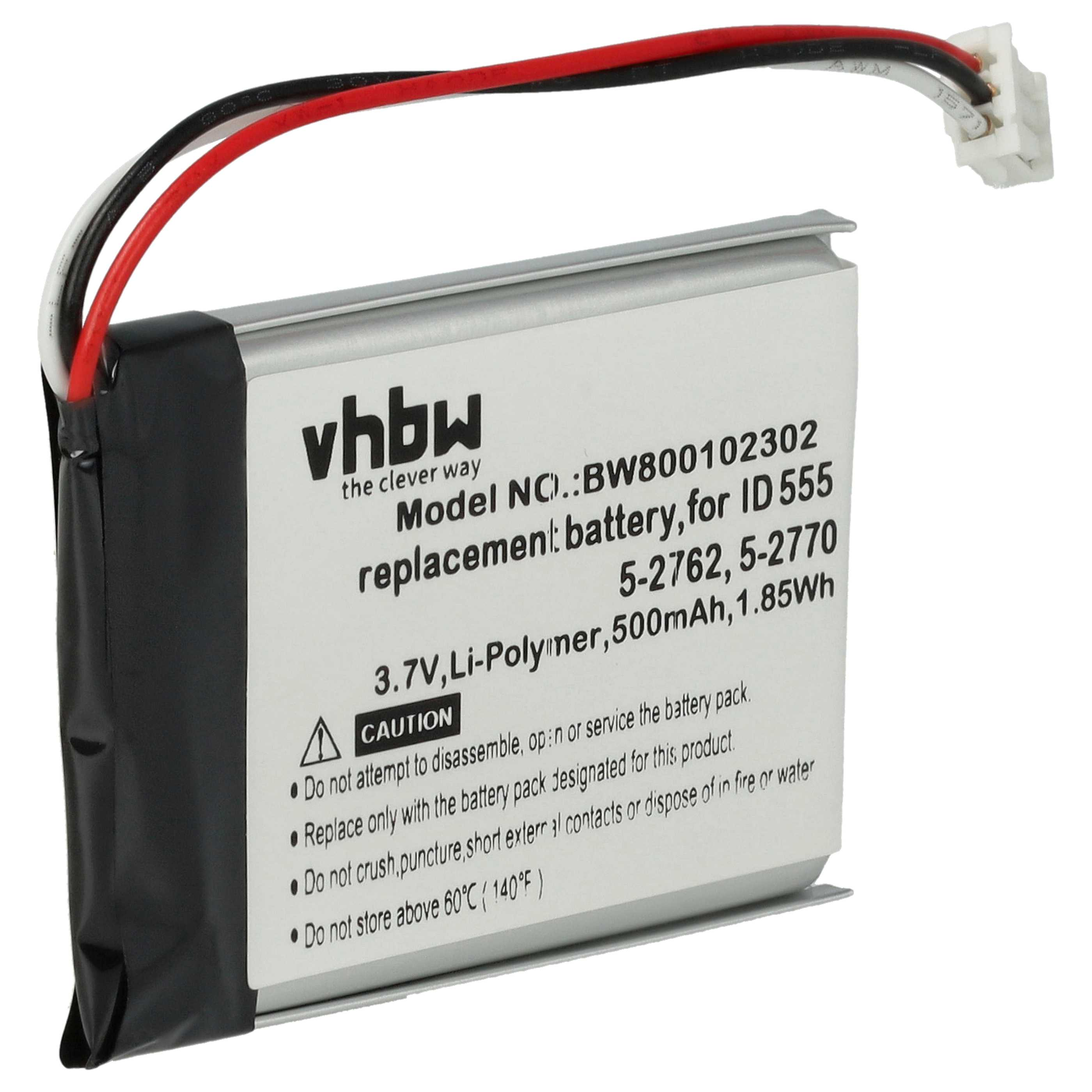 Ein Akku mit Kabeln und einem weißen Stecker. Es hat ein Etikett mit Text und einem Vorsichtssymbol. Die Drähte sind rot, schwarz und weiß.