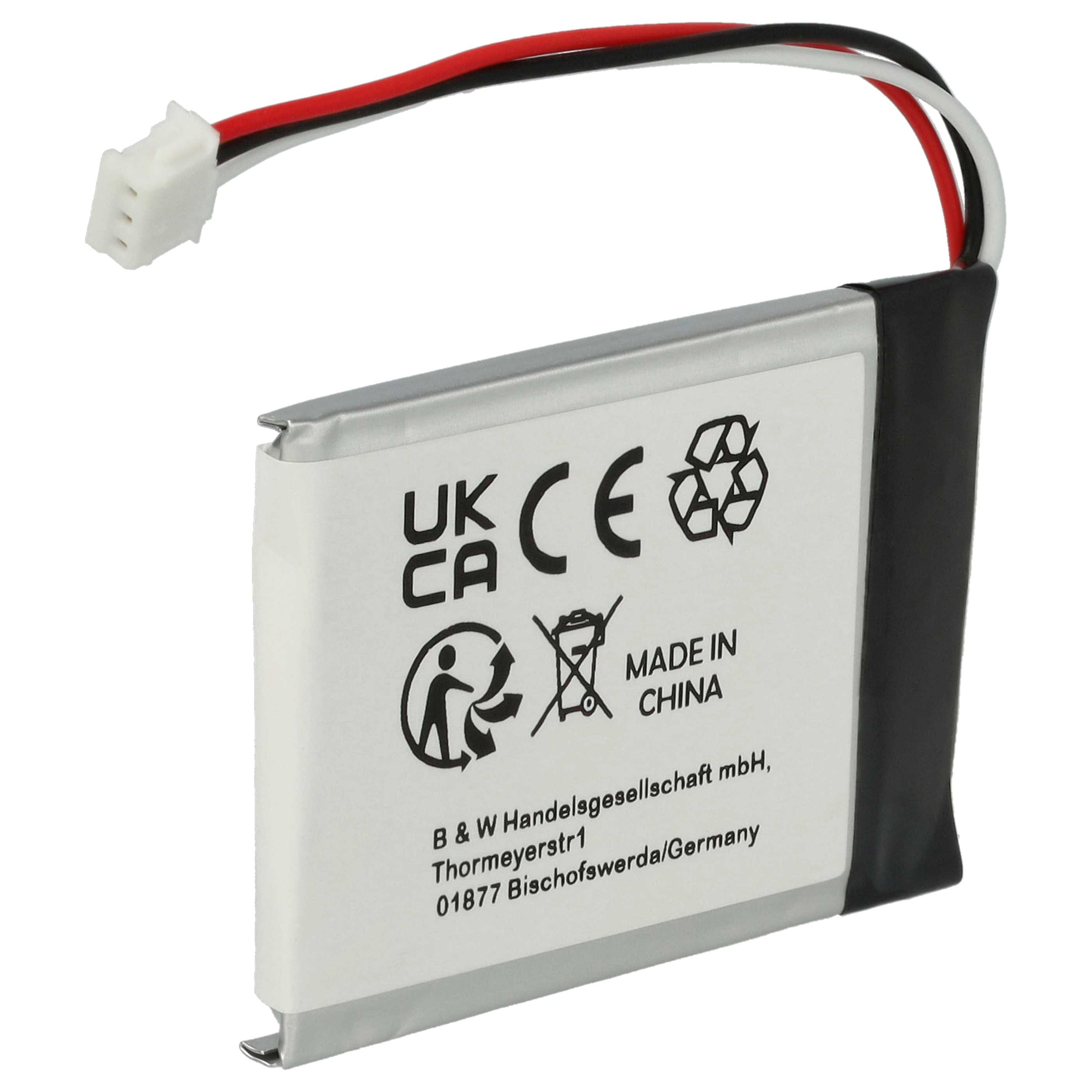 Ein rechteckiger Akku mit weißen, schwarzen und roten Drähten und einem weißen Stecker. Er hat Etiketten mit Text und Symbolen.