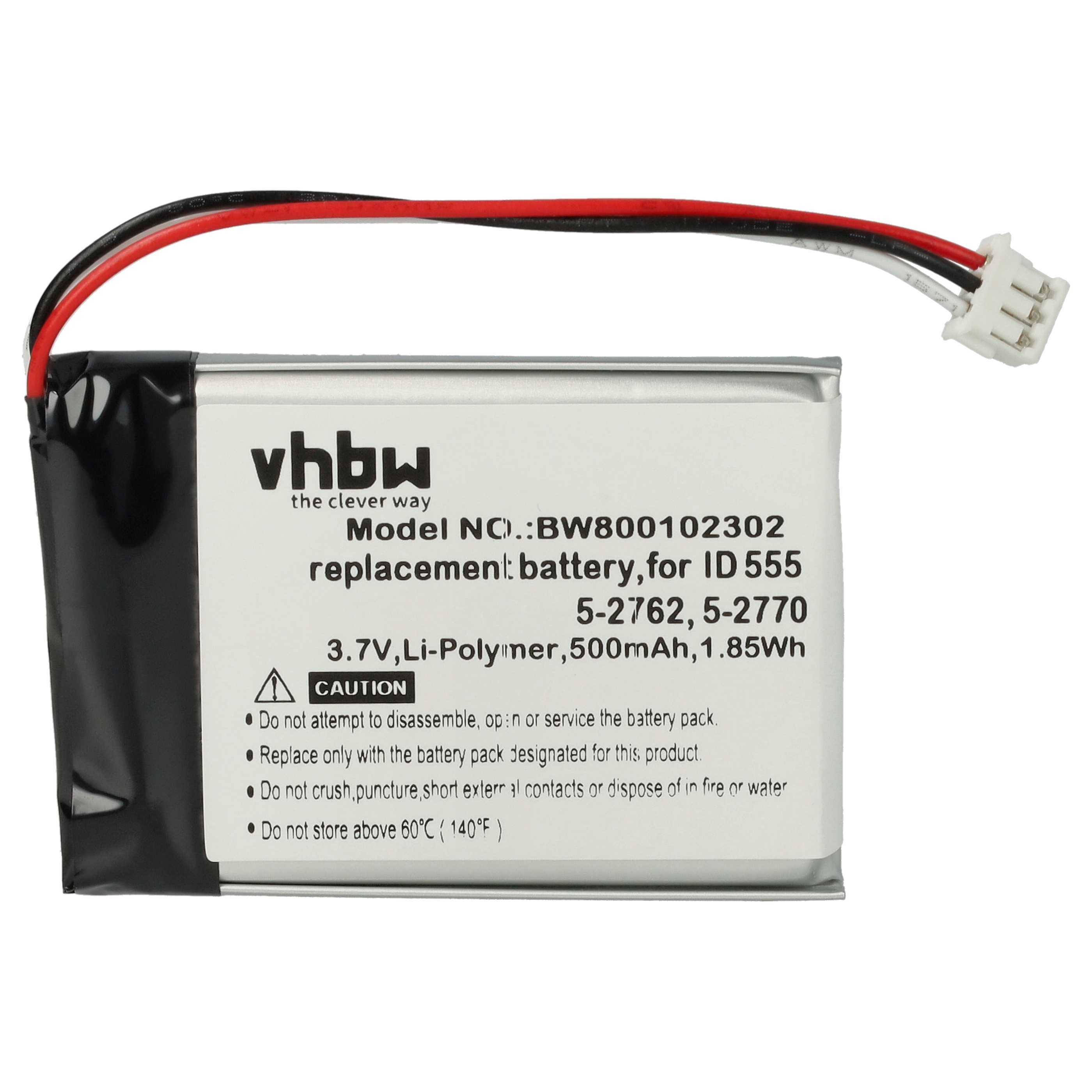 Ein Akku mit Kabeln und einem Stecker. Auf ihm steht vhbw, Modell-Nr., 3,7 V, Li-Polymer und Sicherheitshinweise.