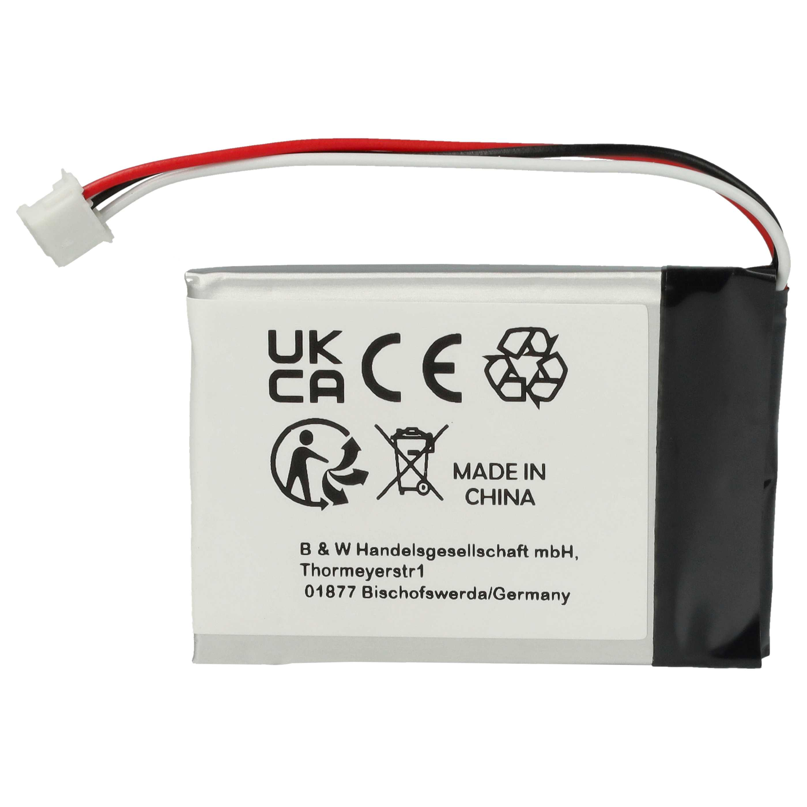 Ein rechteckiger Akku mit angeschlossenen Drähten und einem Stecker. Er hat Etiketten mit Symbolen und Text, einschließlich 'Made in China'.