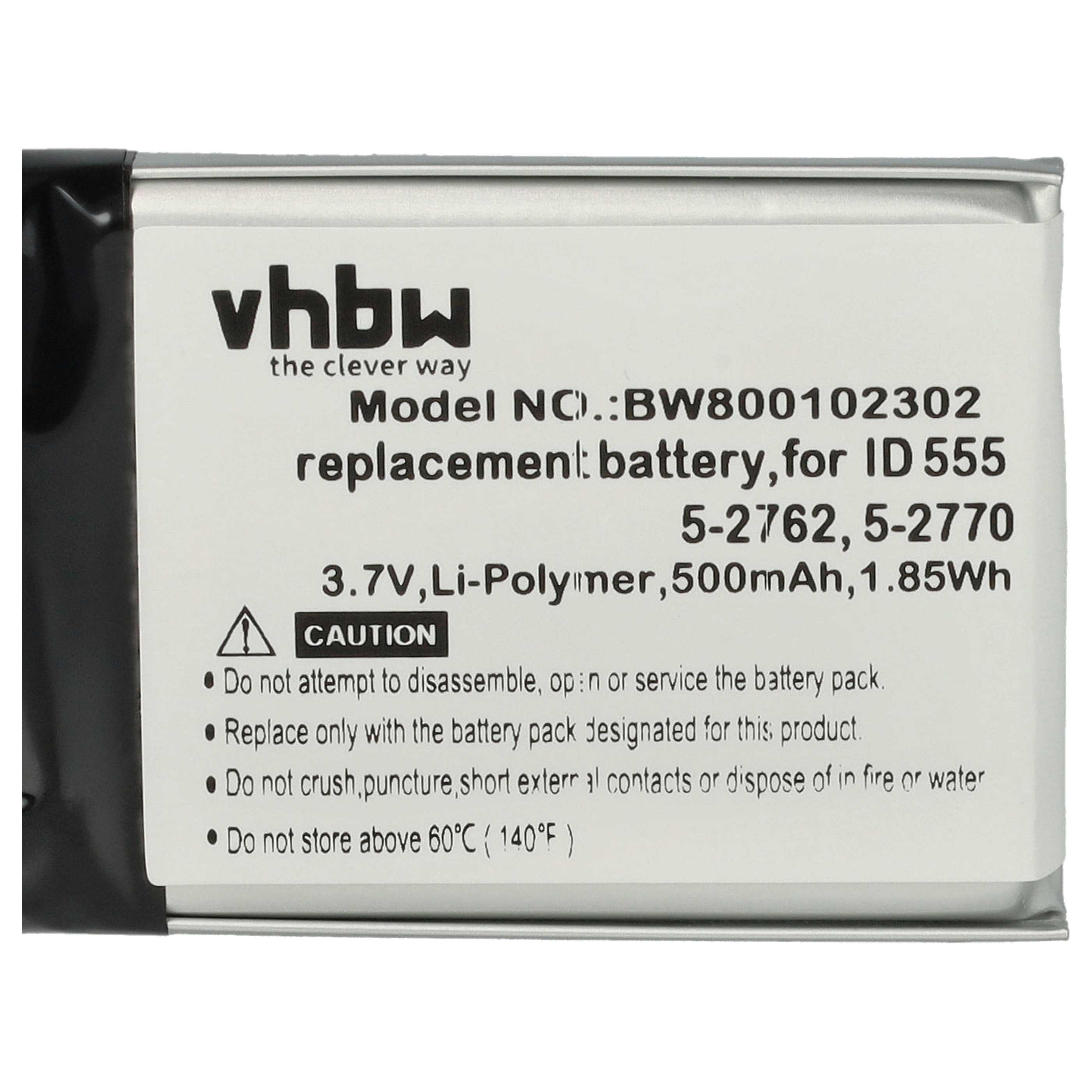 Weißes Akkupack mit schwarzen Akzenten. Text enthält 'vhbw', 'Ersatzbatterie' und Sicherheitshinweise.
